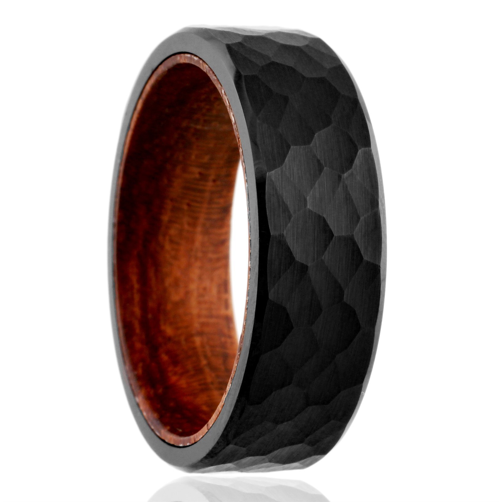 Black Brushed Hammered Tungsten Carbide Ring w/ Rosewood Inside Wedding Band