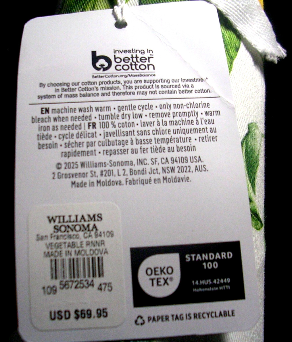 WILLIAMS SONOMA VEGETABLE TABLE RUNNER TWILL WEAVE COTTON 16X108 REVERSIBLE NWTG