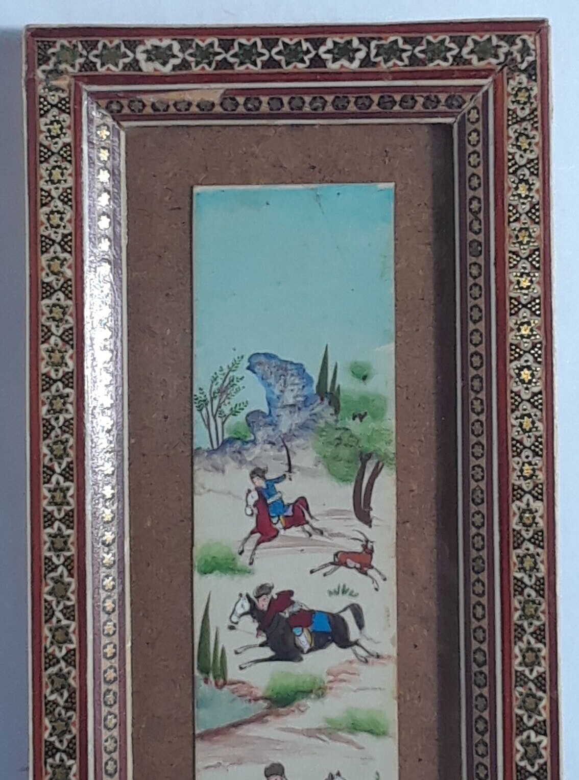 Chinese Scroll Warrior Horses Enamel and Wood Frame 19 3/8 x 5.5