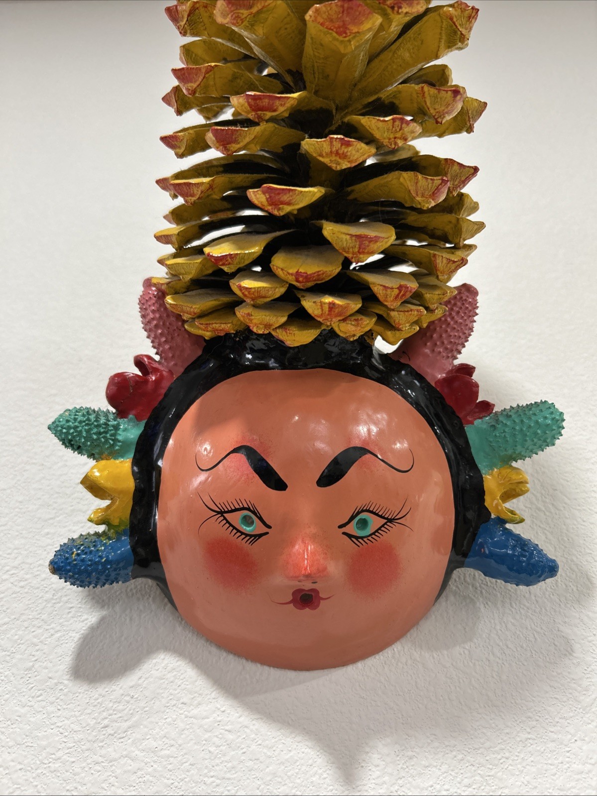 Rare Vintage Mexican Folk Art Coconut Mask With Cactus Seedpod Braids & Pinecone