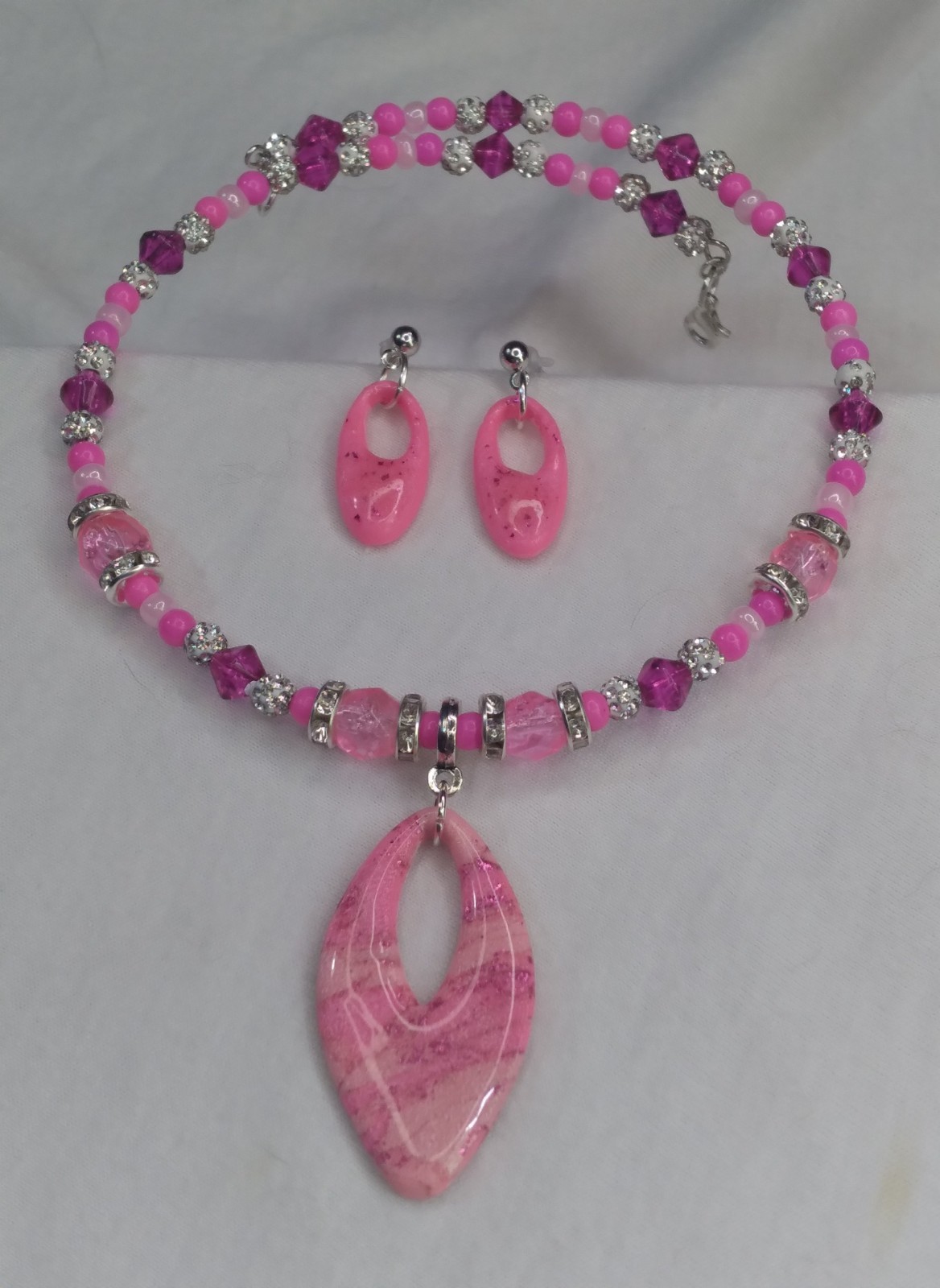 Handcrafted Beaded Pink Polymer Clay Pendant Memory Wire Choker Earring Set