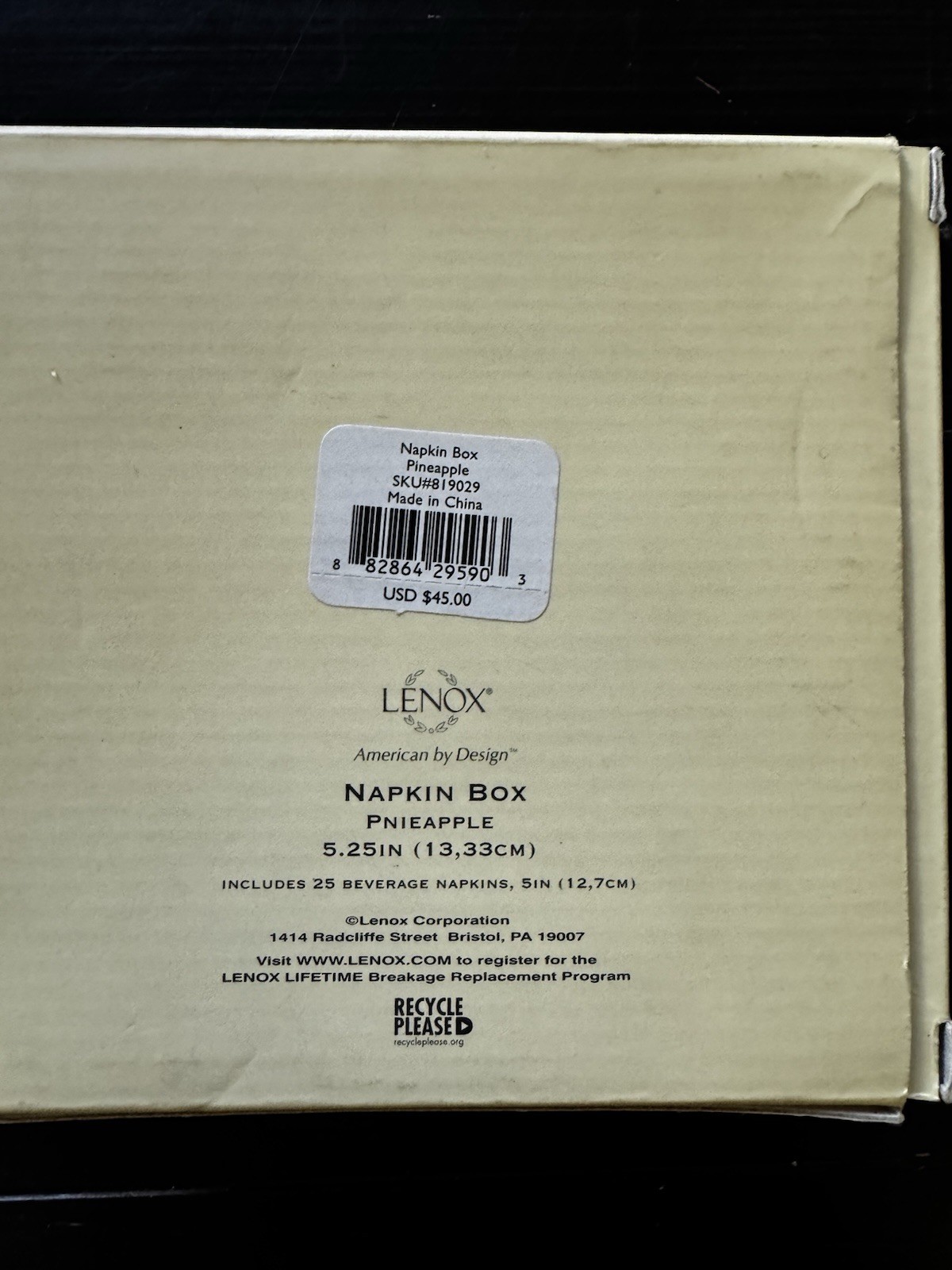 LENOX Bar Napkin Box Pineapple 5.25" Silver Tarnish Free Allow Metal Serveware