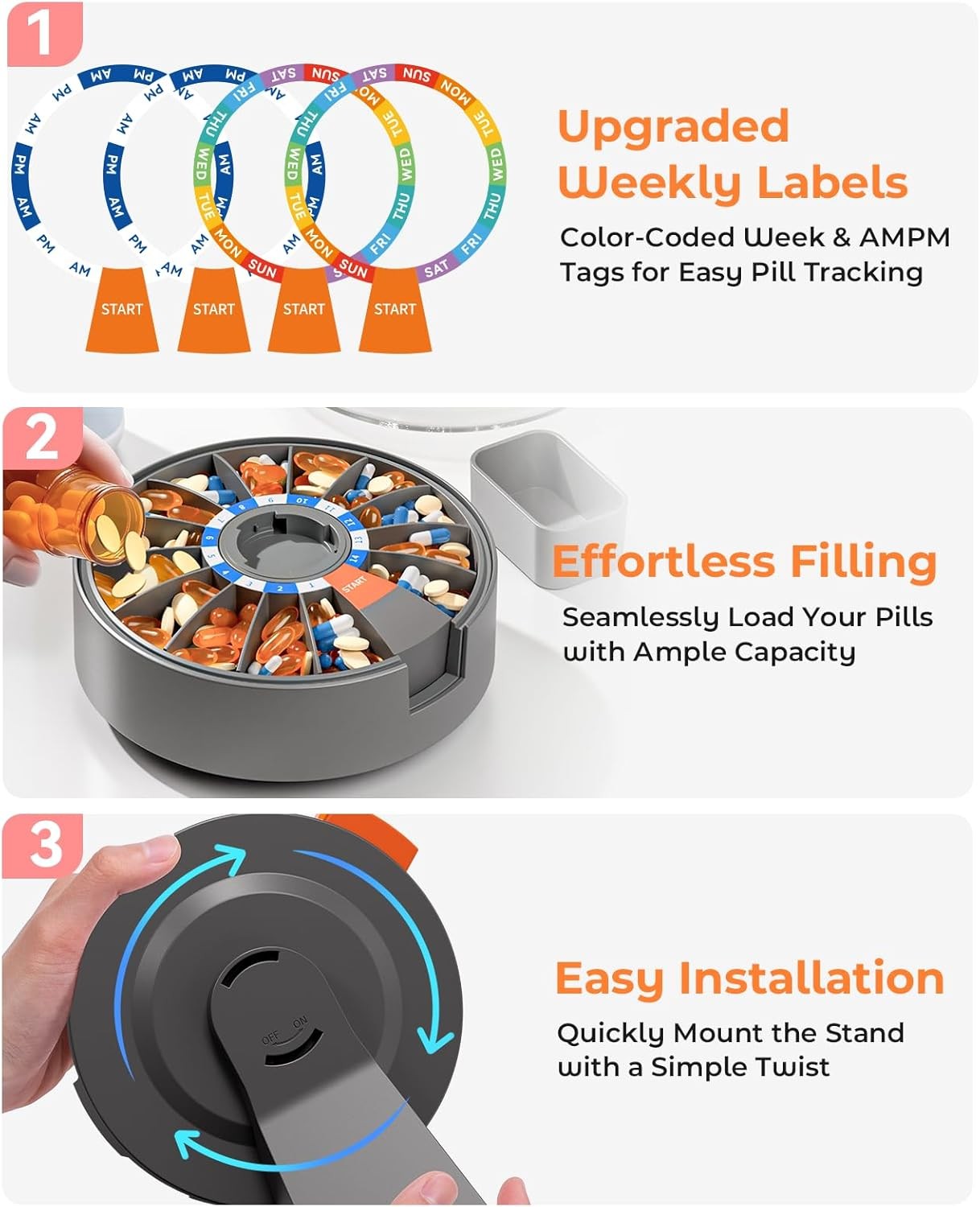 Pill Dispenser Daily,Large Pill Organizer with Standing Used,Used for 14 days