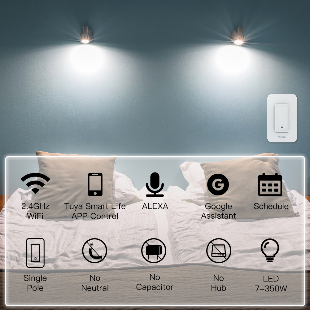 MOES WiFi Smart Light Switch No Neutral Wire Required No Capacitor Remote 2 Pack