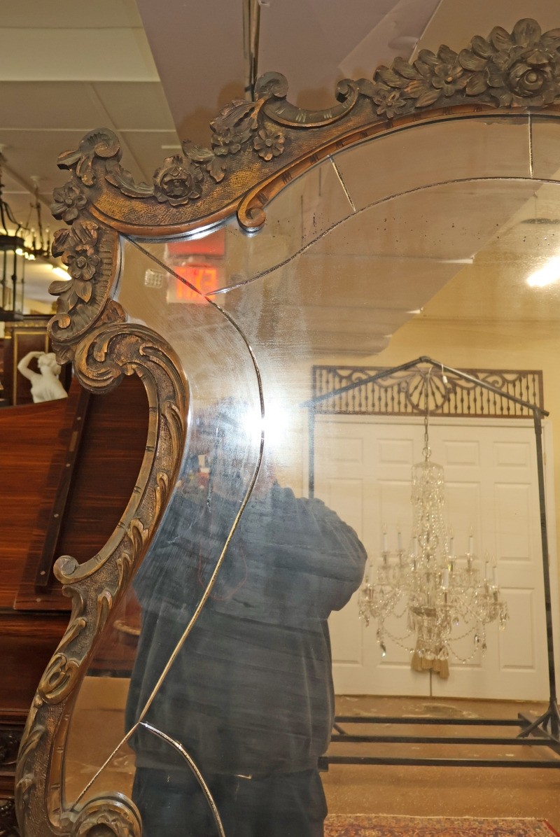 French Louis XV Style Inlaid Walnut Marble Top Etched Mirror Vanity Circa 1920's
