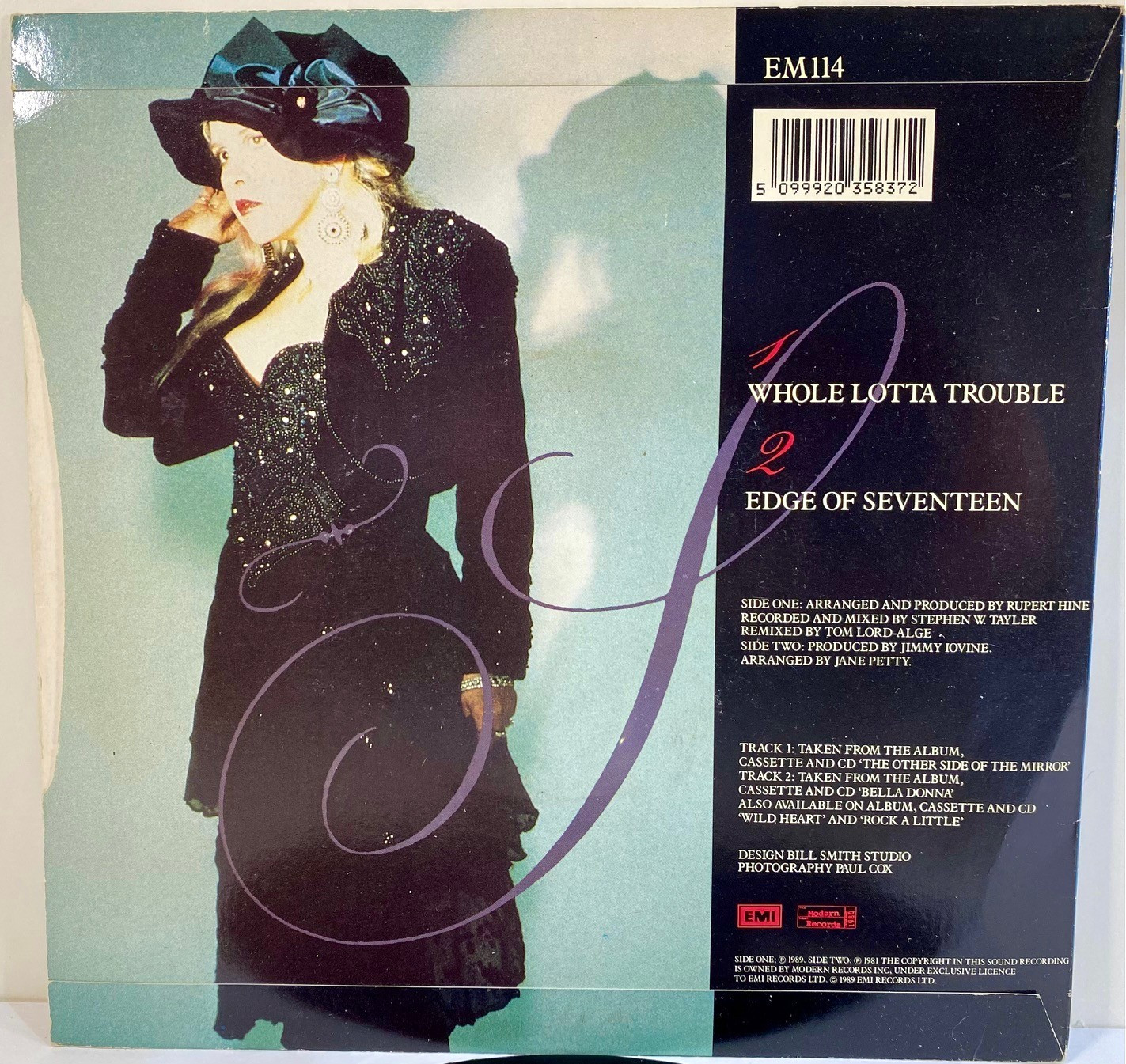 1989 Stevie Nicks Whole Lotta Trouble 45 Record Signed w/ Inscription