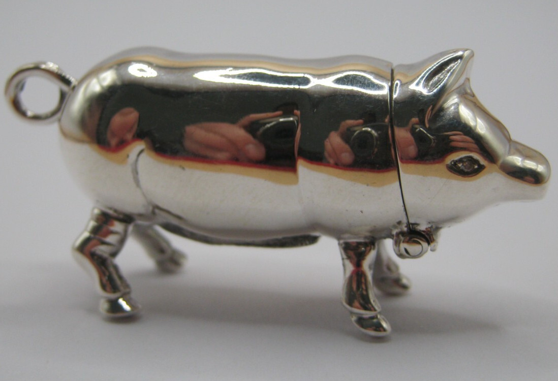 Unusual Sterling Silver Pig Vesta Case Match Safe With Real Diamond Eyes