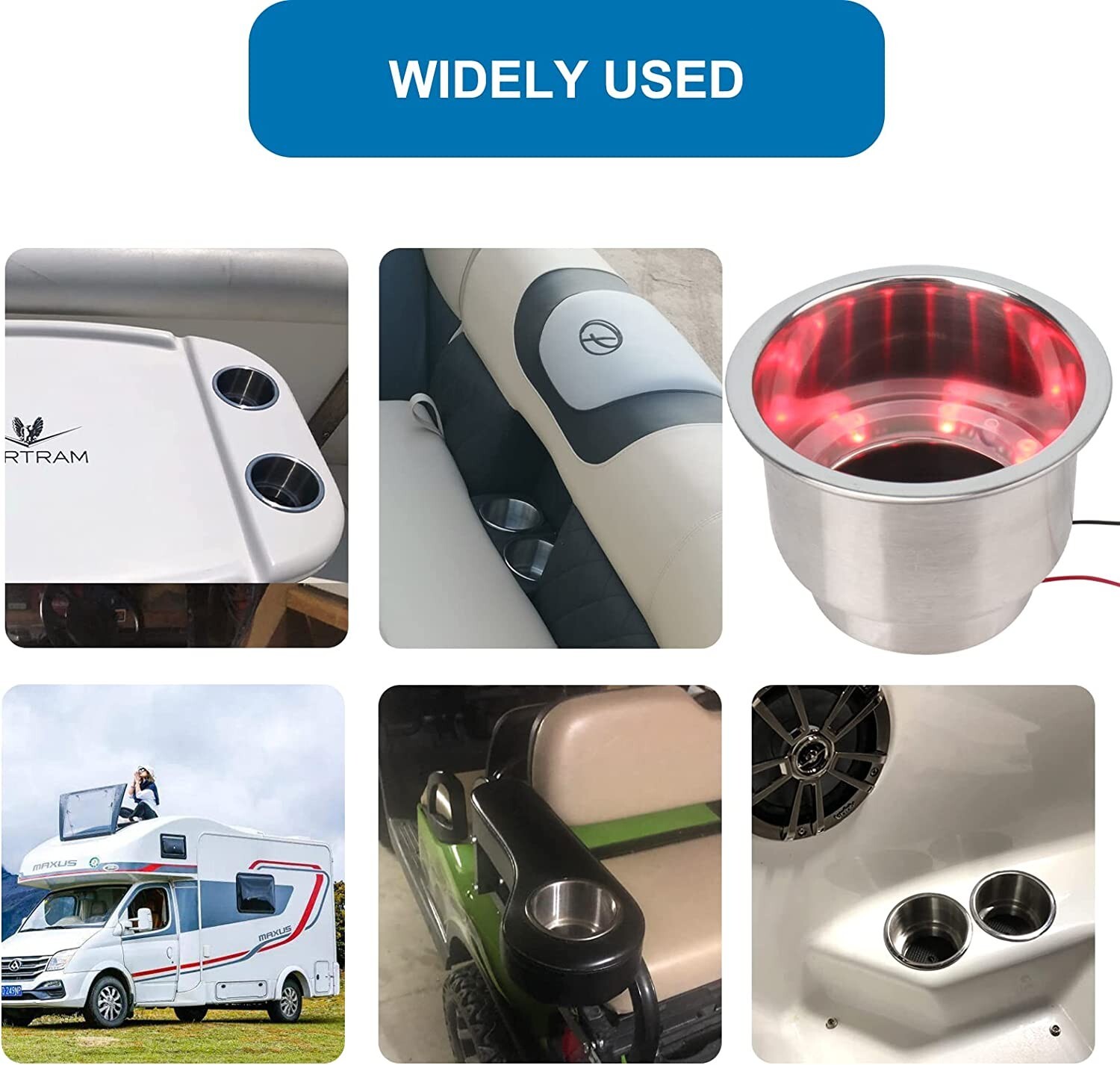 2 Pieces Stainless Steel Cup Drink Holder 12V Red LED Light Built-in for Boat/RV