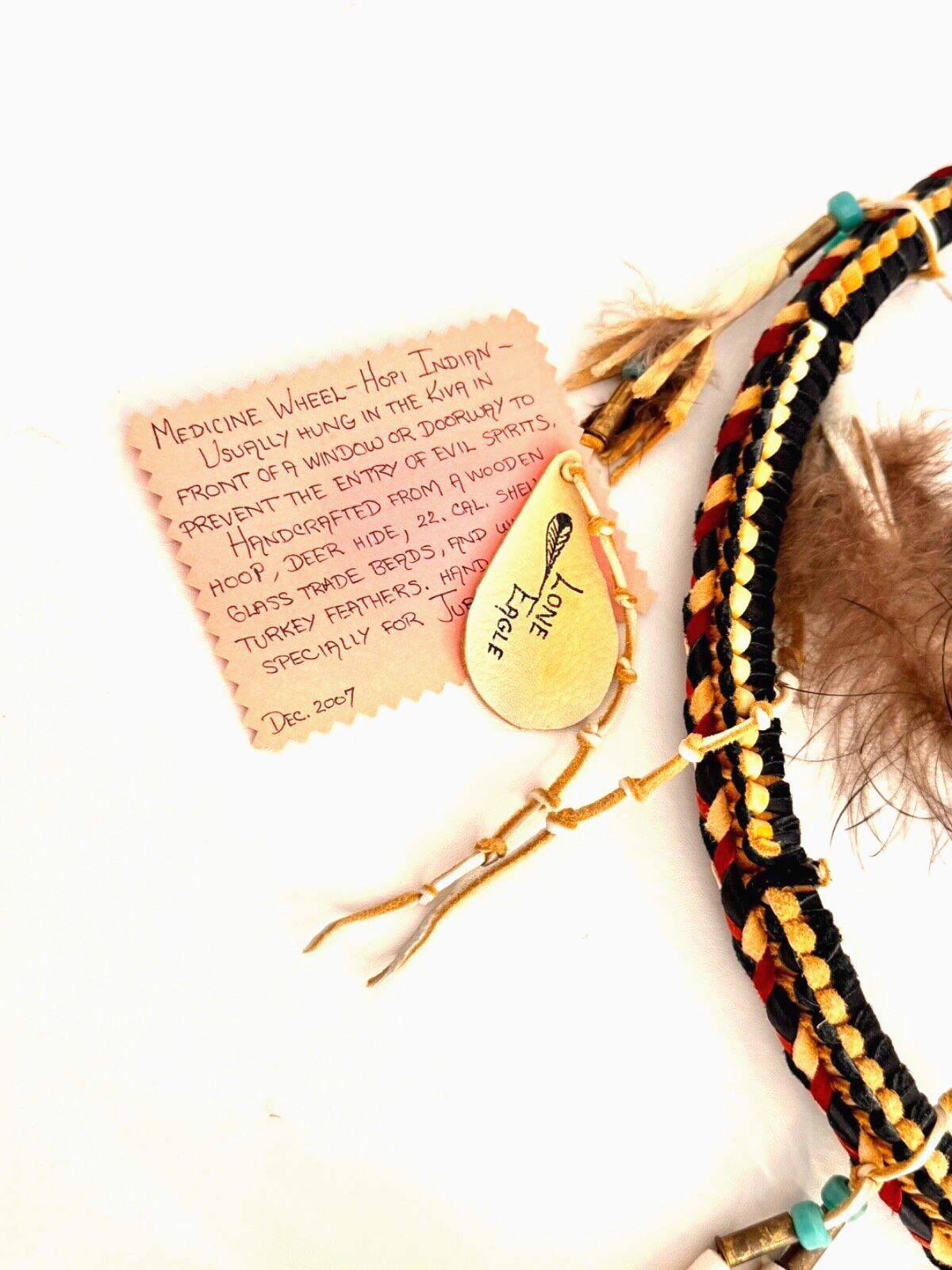 Medicine Wheel-Hopi Artist Lone Eagle Wall Art Braided Leather Wood Hoop Signed