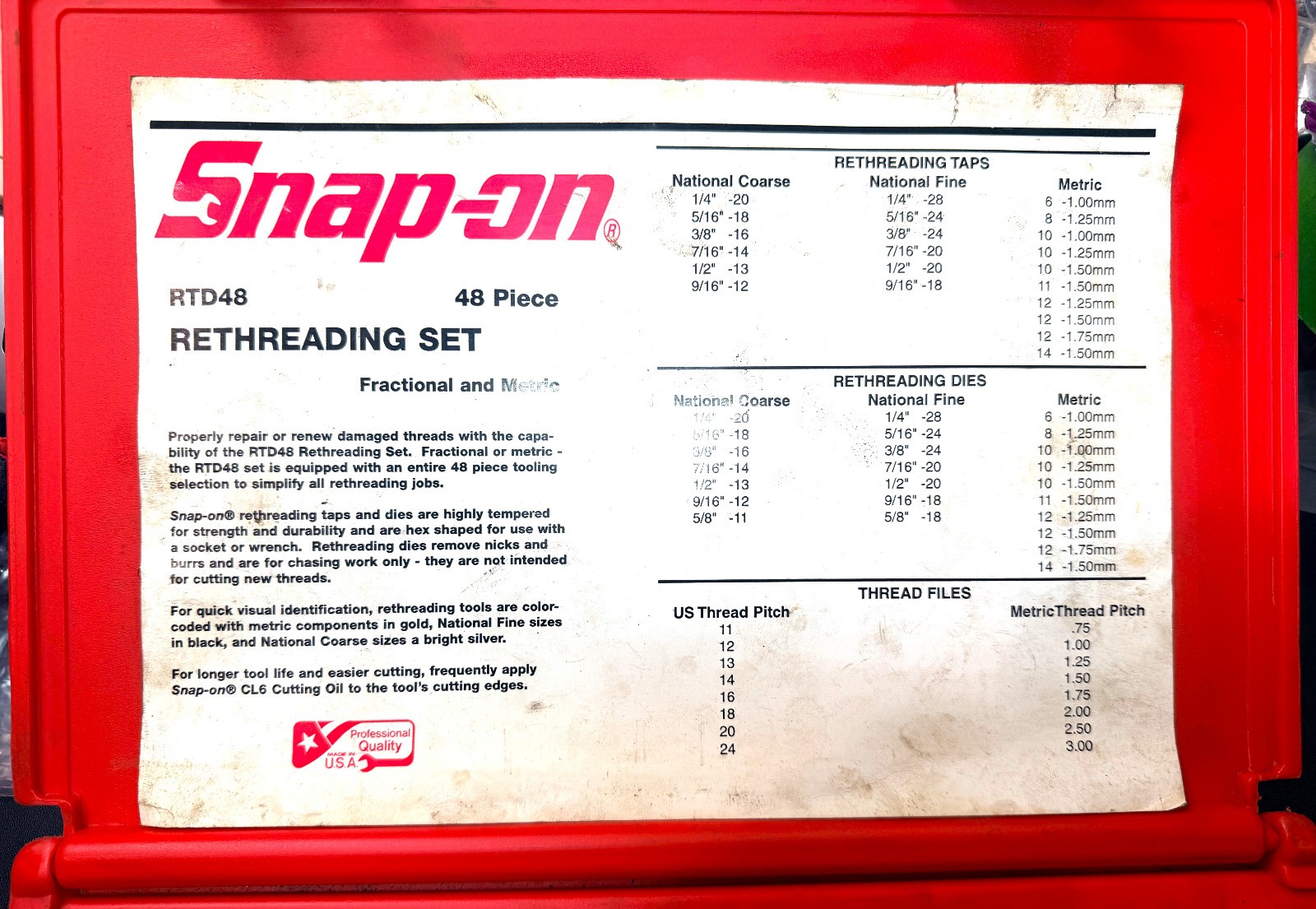 SNAP ON RTD48 48-Piece Master Rethreading Tap and Die Set USA