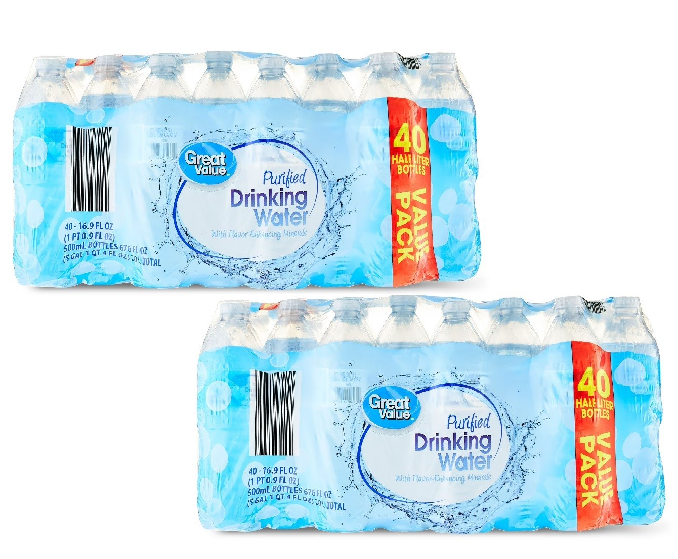 NEW (2 pack) 16.9 Fl. Oz., Great Value Purified Drinking Water, 40 Count