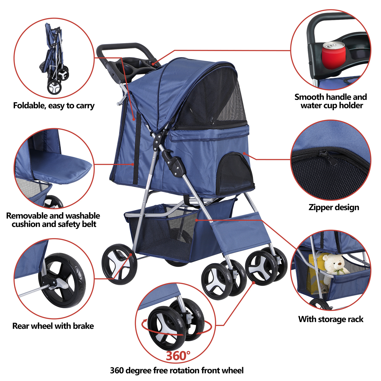 4 Wheels Blue Pet Stroller with Cup Holder, Breathable Mesh for S/M Dog Cat