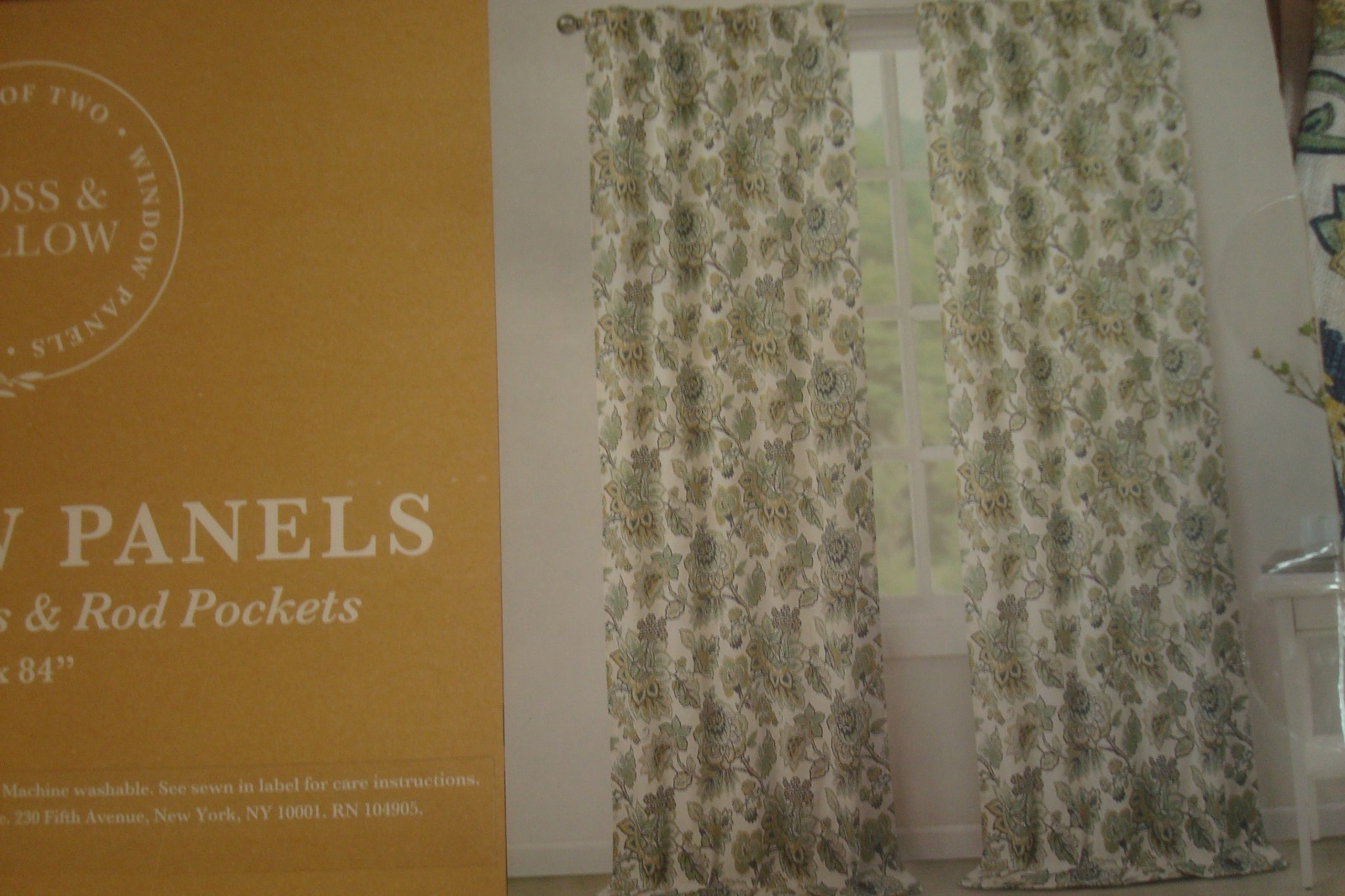 NWT Moss & Willow 2 pc Curtain Panels Floral Cotton blend Blue Green 84" lg