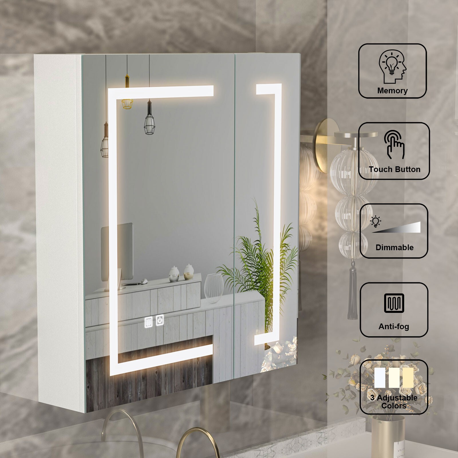 Dimmable LED Lighted Medicine Cabinet with Mirror Wall-mounted Bathroom Cabinet