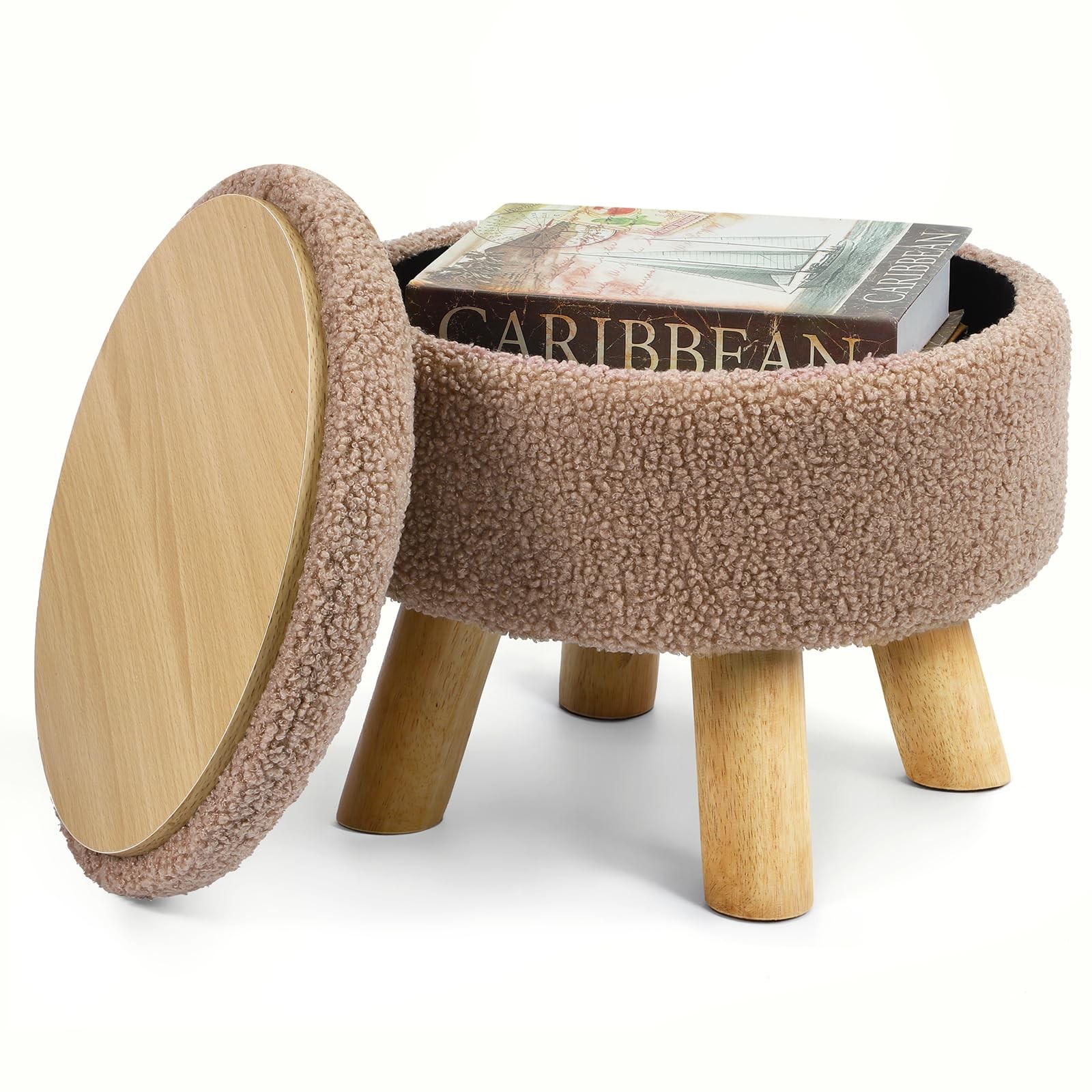 Ottoman Foot Rest, Small Round Ottoman with Storage, Boucle Teddy Velvet Foot...
