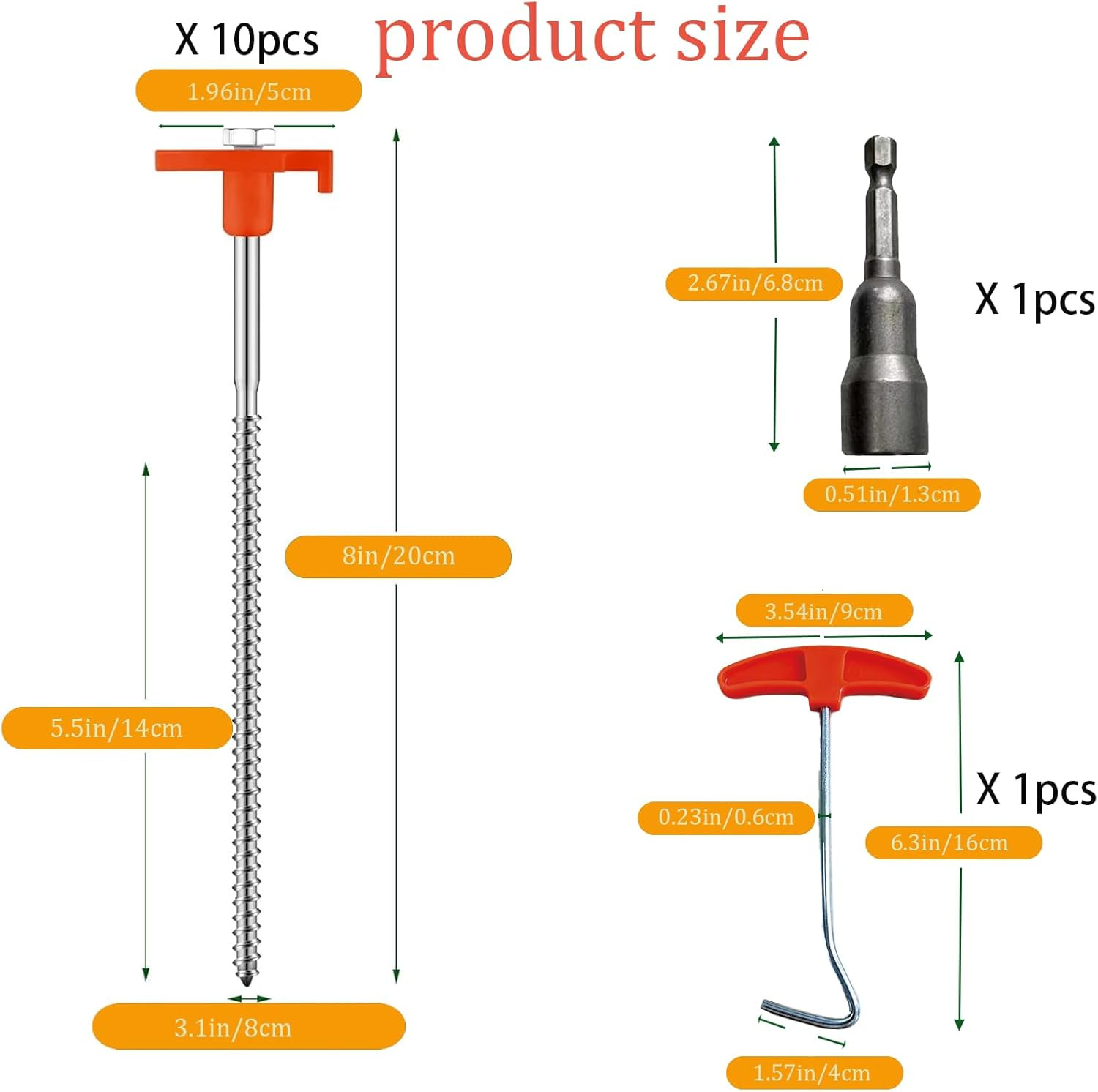 10-Pack 8" Heavy Duty Screw in Tent Stakes, Drill-In Non-Rust Ground Anchor Pegs