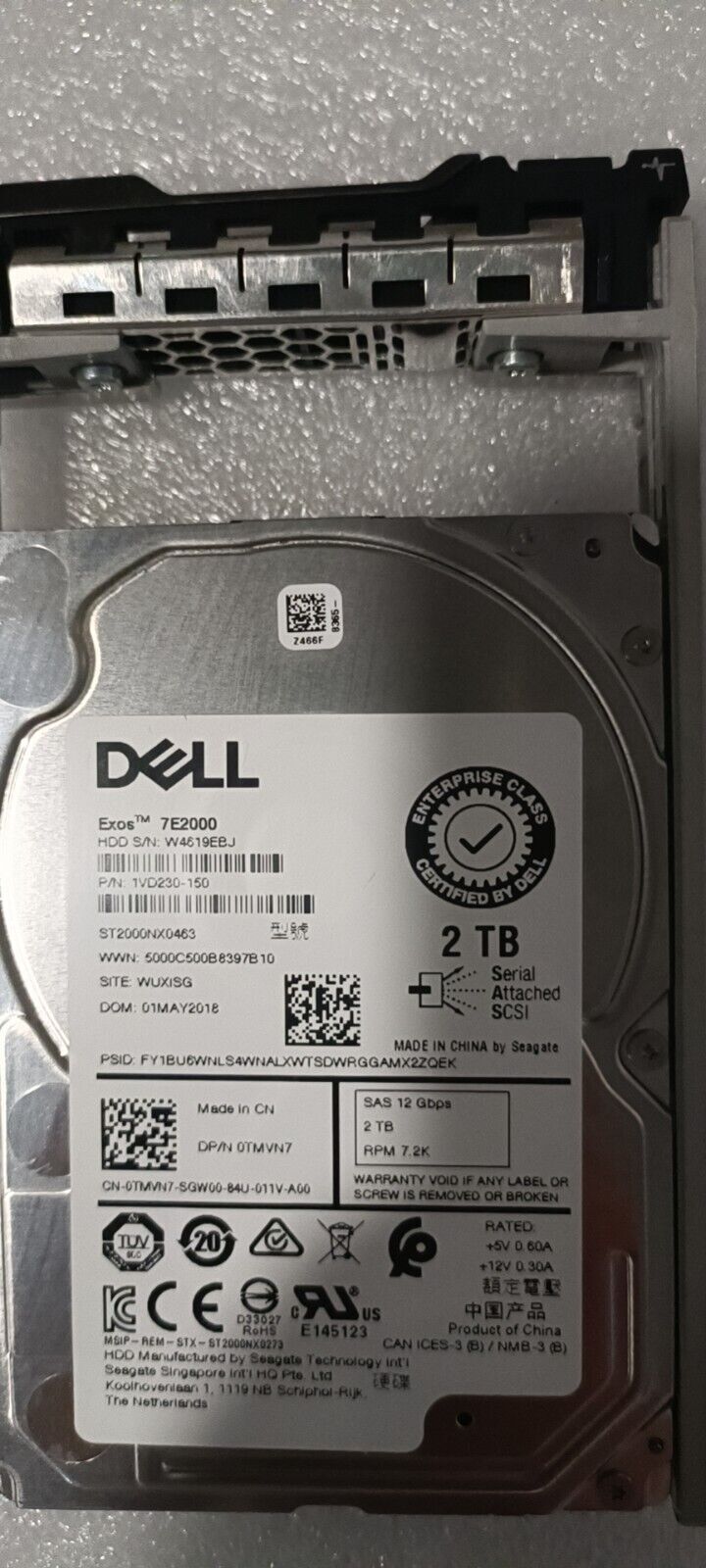 Dell 0Y6W8N TMVN7 2TB ST2000NX0463 7.2K SAS 2.5" SFF 12Gbp Hard Drive HDD W/tray