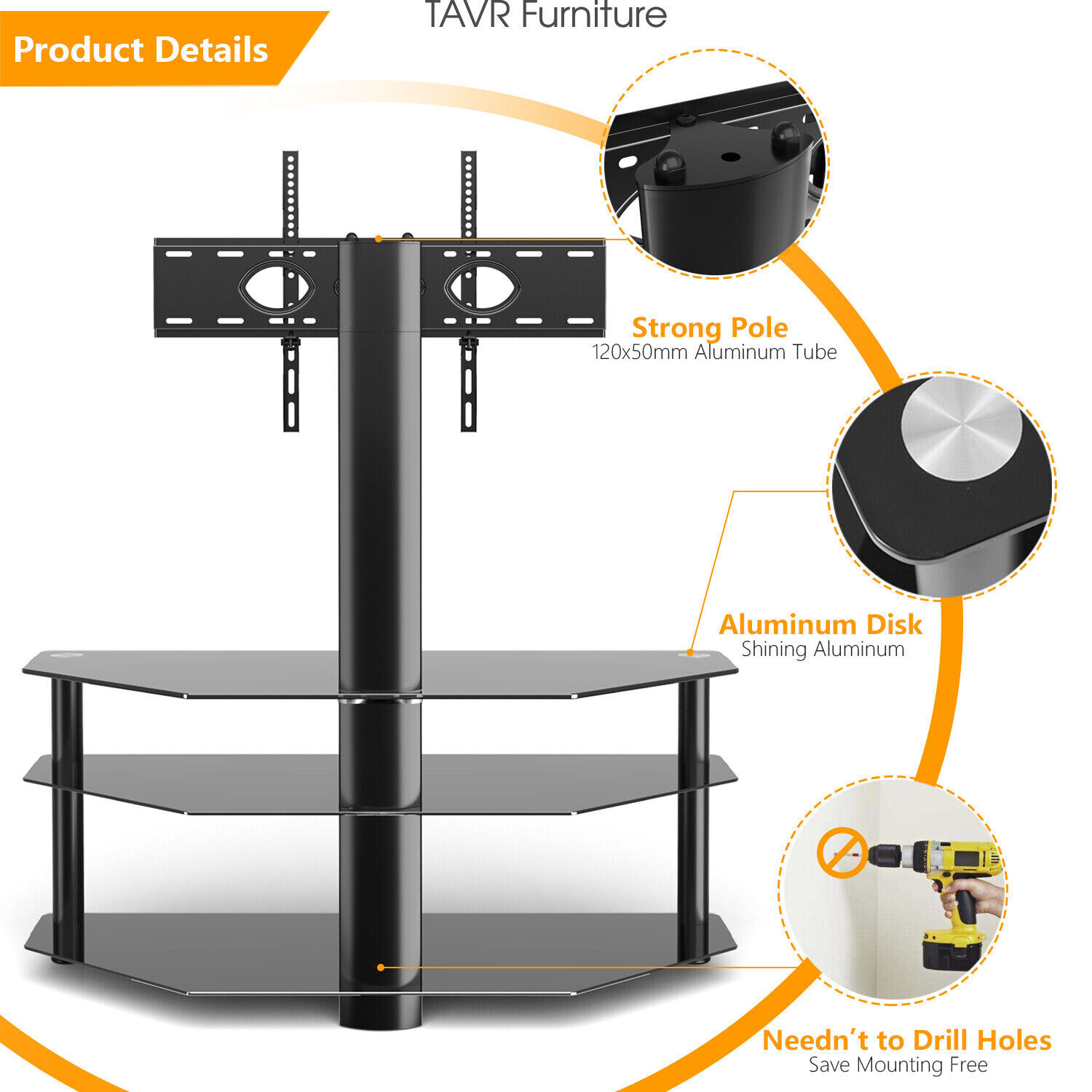 TV Floor Stand with Swivel Mount for 32-70 inch TV，6-level Height adjustable