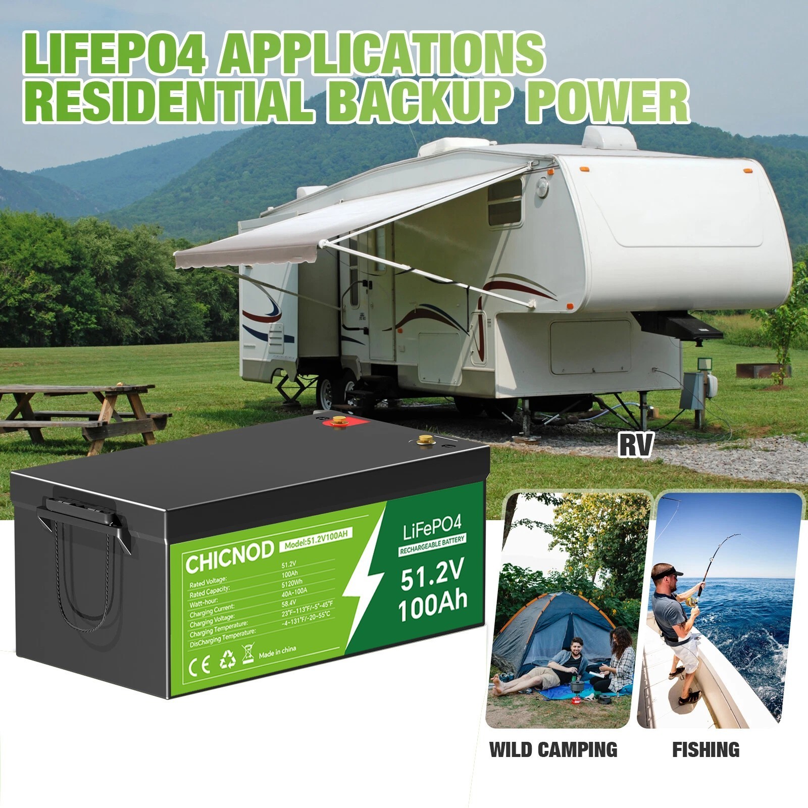 48V 100Ah LiFePO4 Lithium Battery Bluetooth BMS with Charger For Solar Camp RV