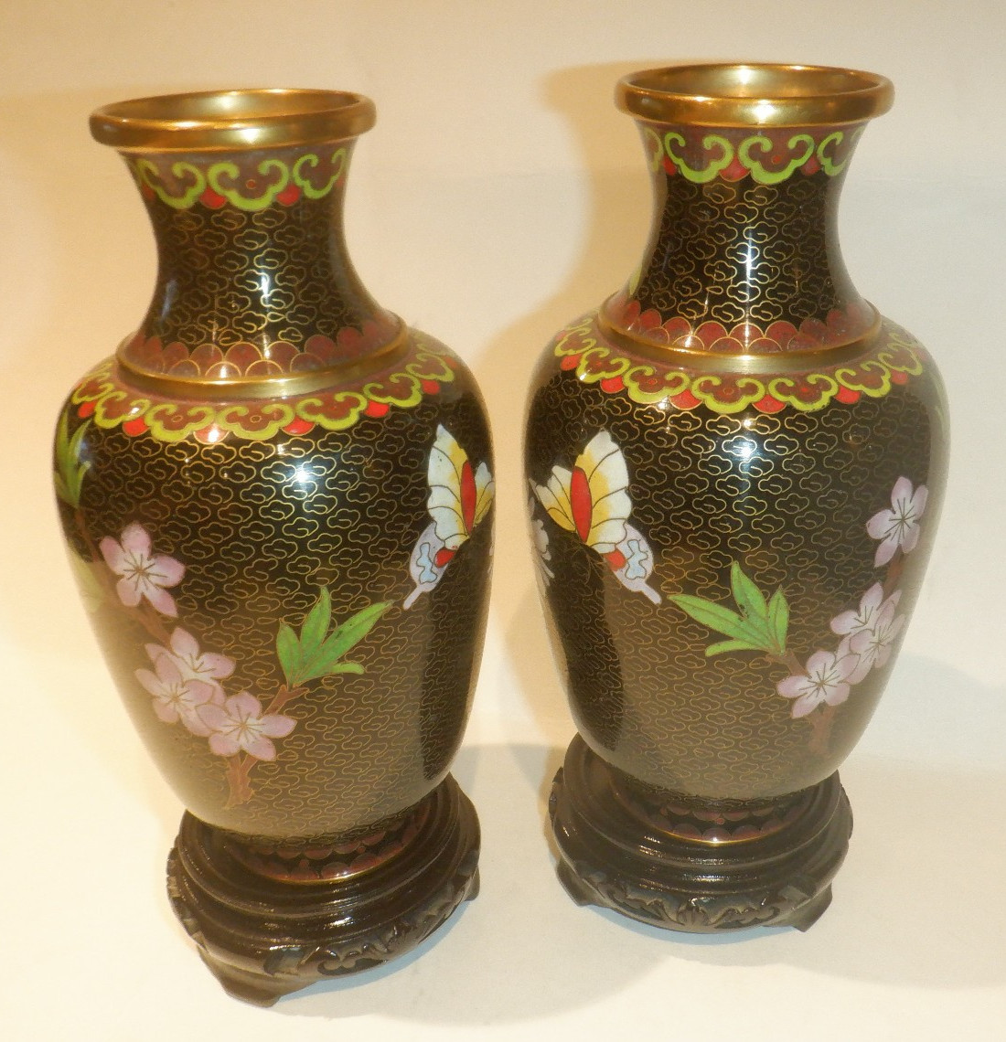 Pair of Vintage Cloisonne' Brass & Enamel Chinese Floral Vases w/Wood Stands