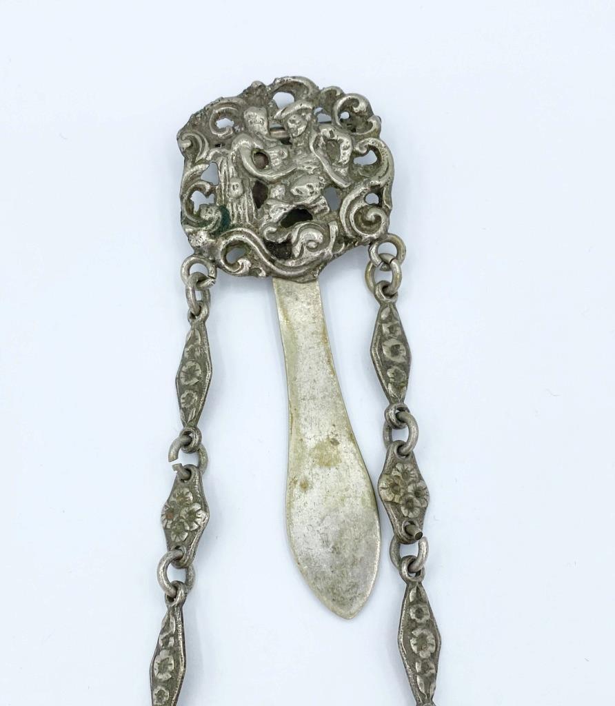 Antique 1800s Chatelaine Eyeglass Holder w/ Clip Featuring Man & Woman