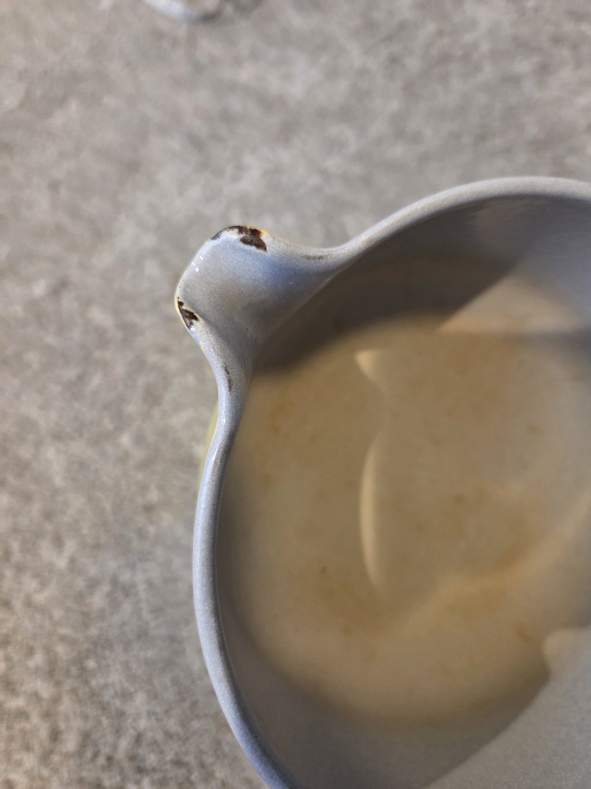 Vintage Enamelware Over Cast Iron Yellow Saucepan With Spout & Wooden Handle MCM