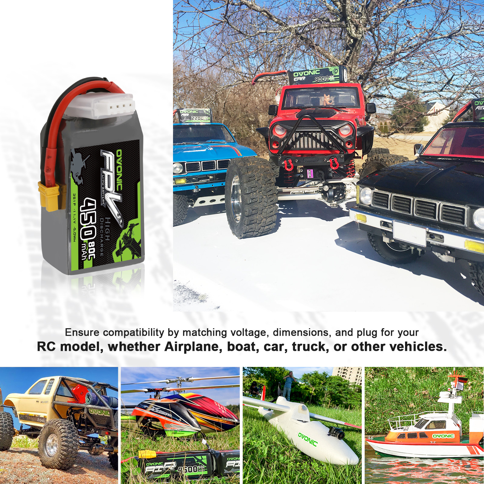 4X OVONIC 11.1V 80C 3S 450mAh Lipo Battery XT30 For Micro drone Whoop Quad FPV