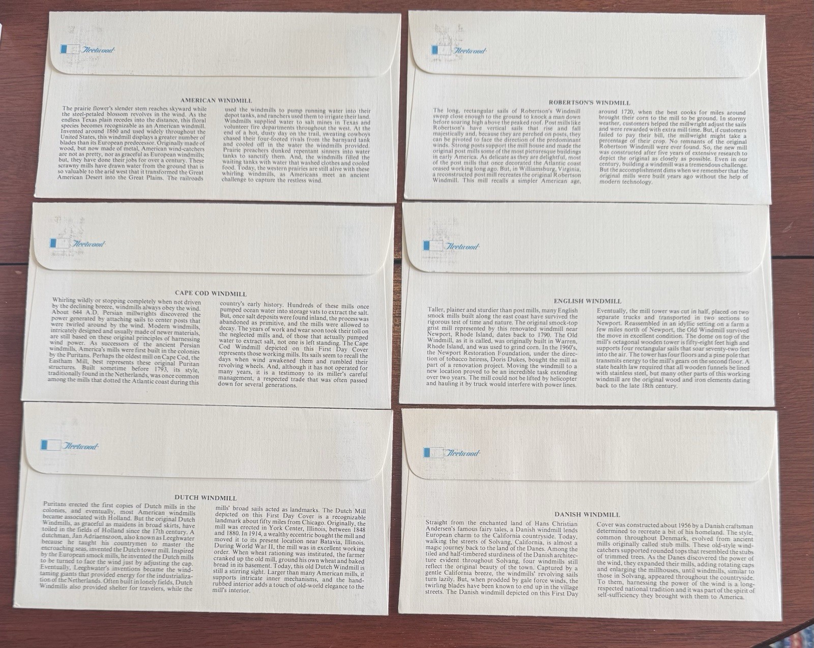 (6) Fleetwood Windmill Set & Booklet Pane FDCs- 1980