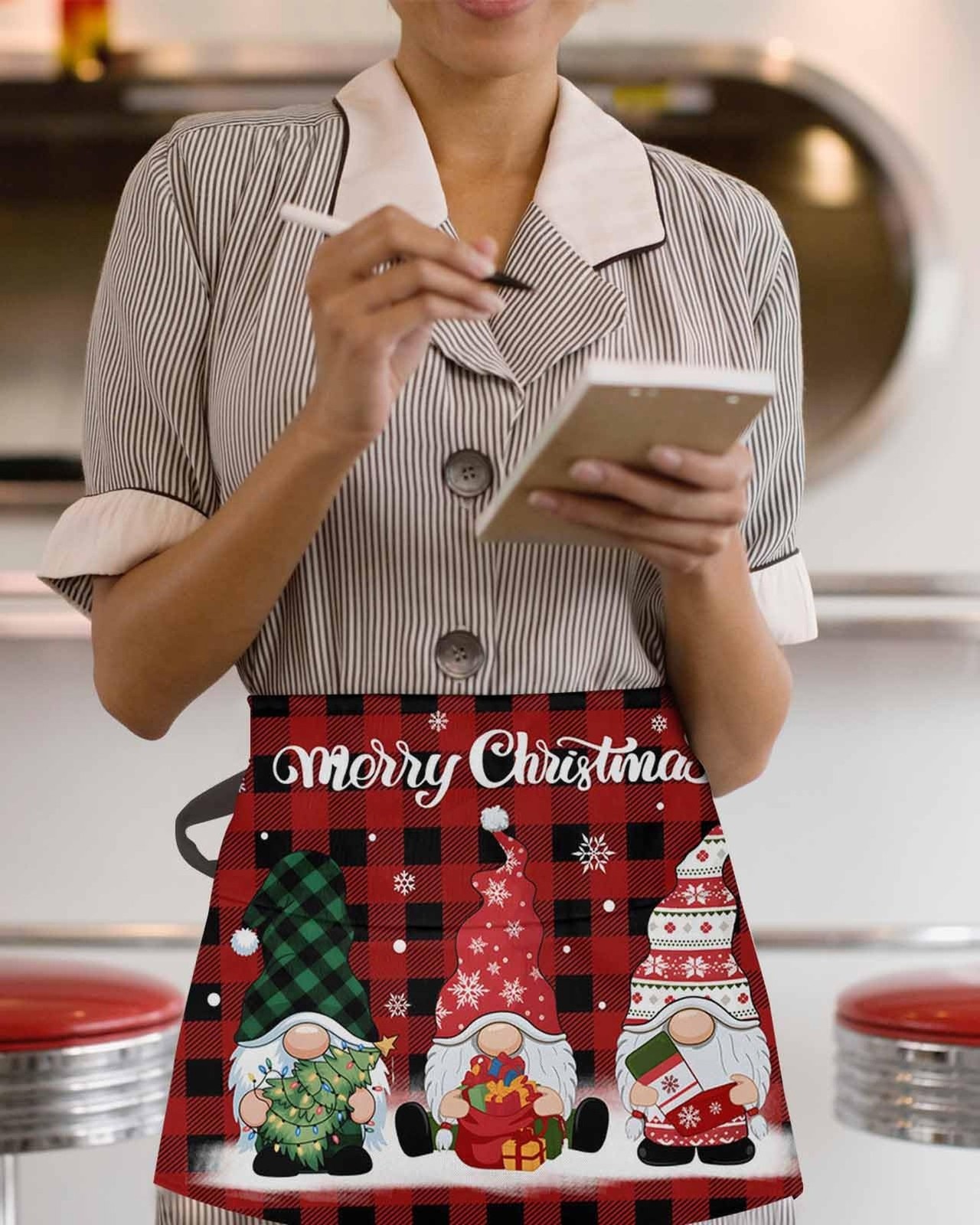 Server Apron Waitress Half Apron with 3 Pockets, Christmas Print