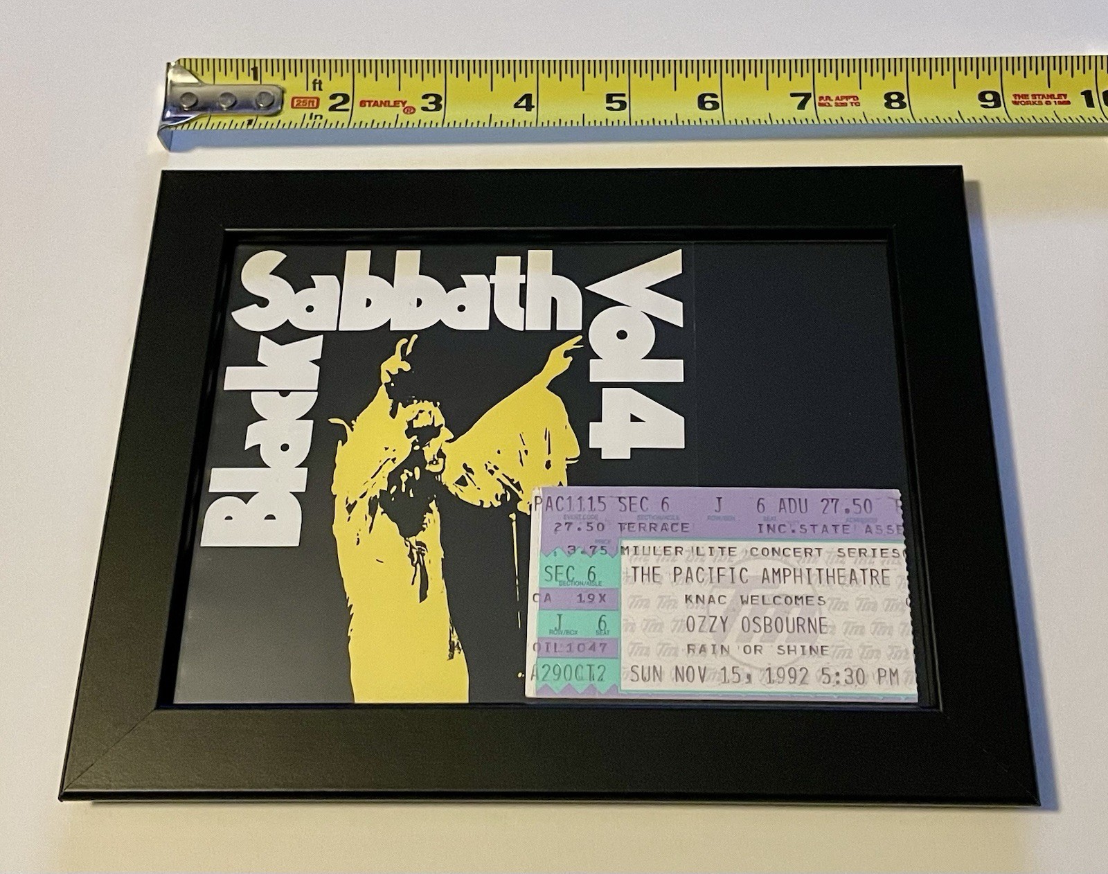 Framed 1992 Ozzy Osbourne Concert Ticket Stub So. Cal Black Sabbath Album Cover