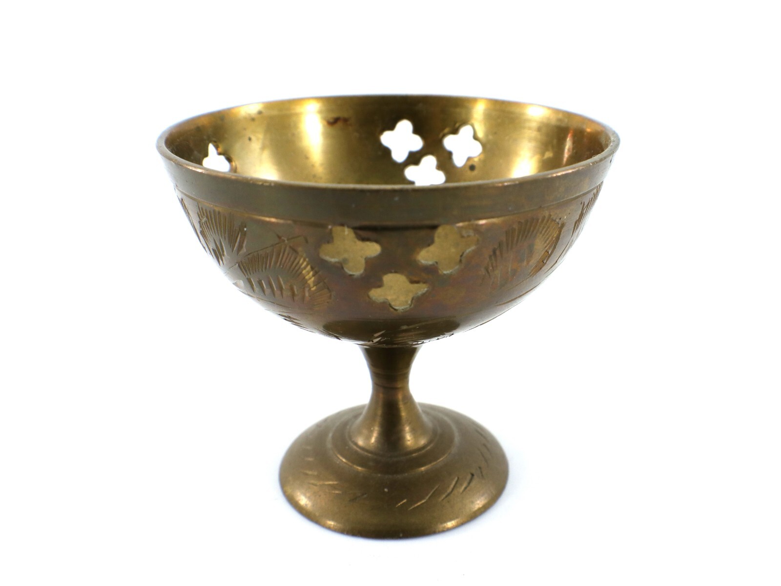 Brass INCENSE BURNER 2-Piece Lid 3 ½” Tall Etched Leaf India