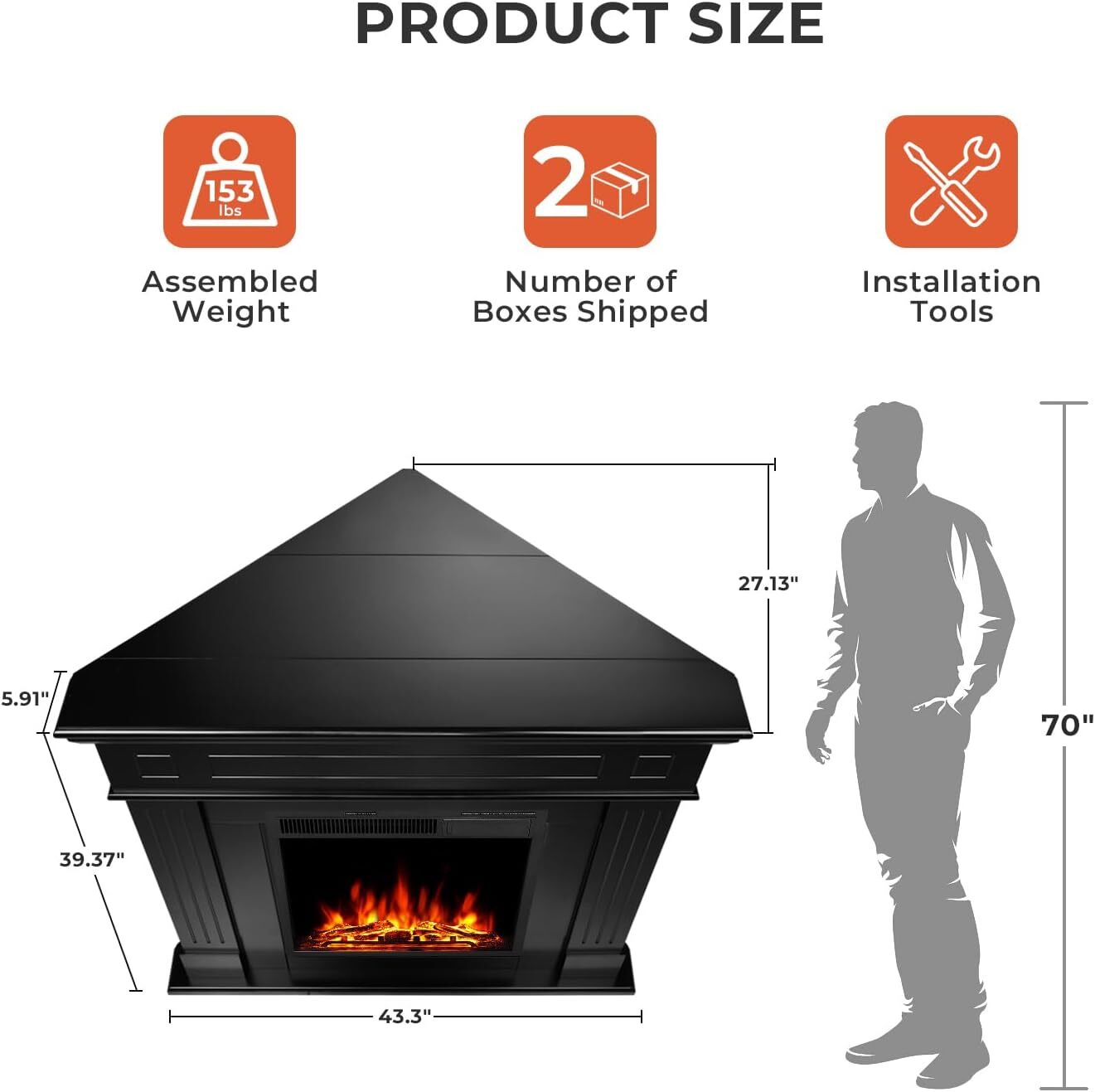 43” Corner Electric Fireplace Mantel Wooden Surround Firebox, TV Stand,Remote