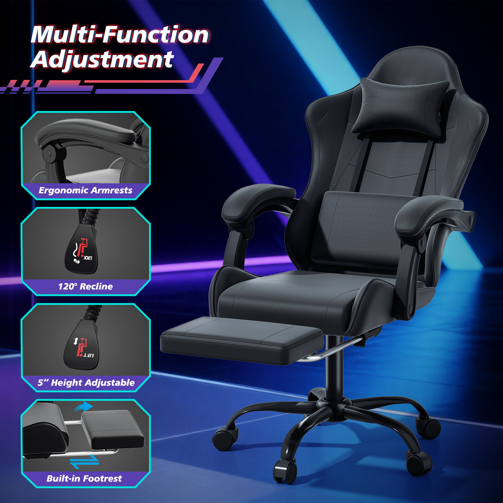 Ergonomic Coumputer Gaming Chair Office Swivel Recliner Seat w/ Footrest Black