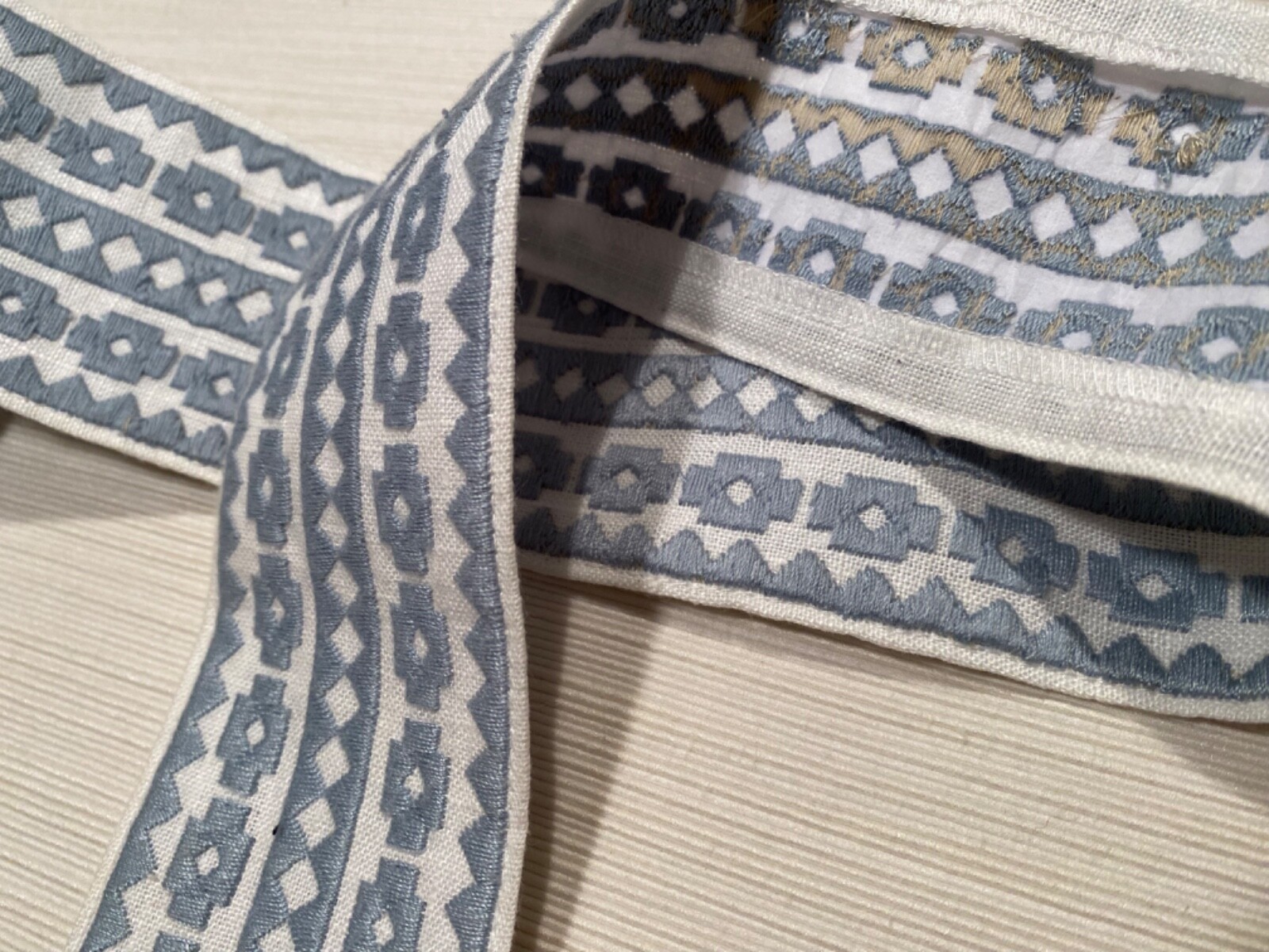 SCHUMACHER 79920 Talitha Tape Sky 85% Linen Embroidered Passementerie Trim BTY