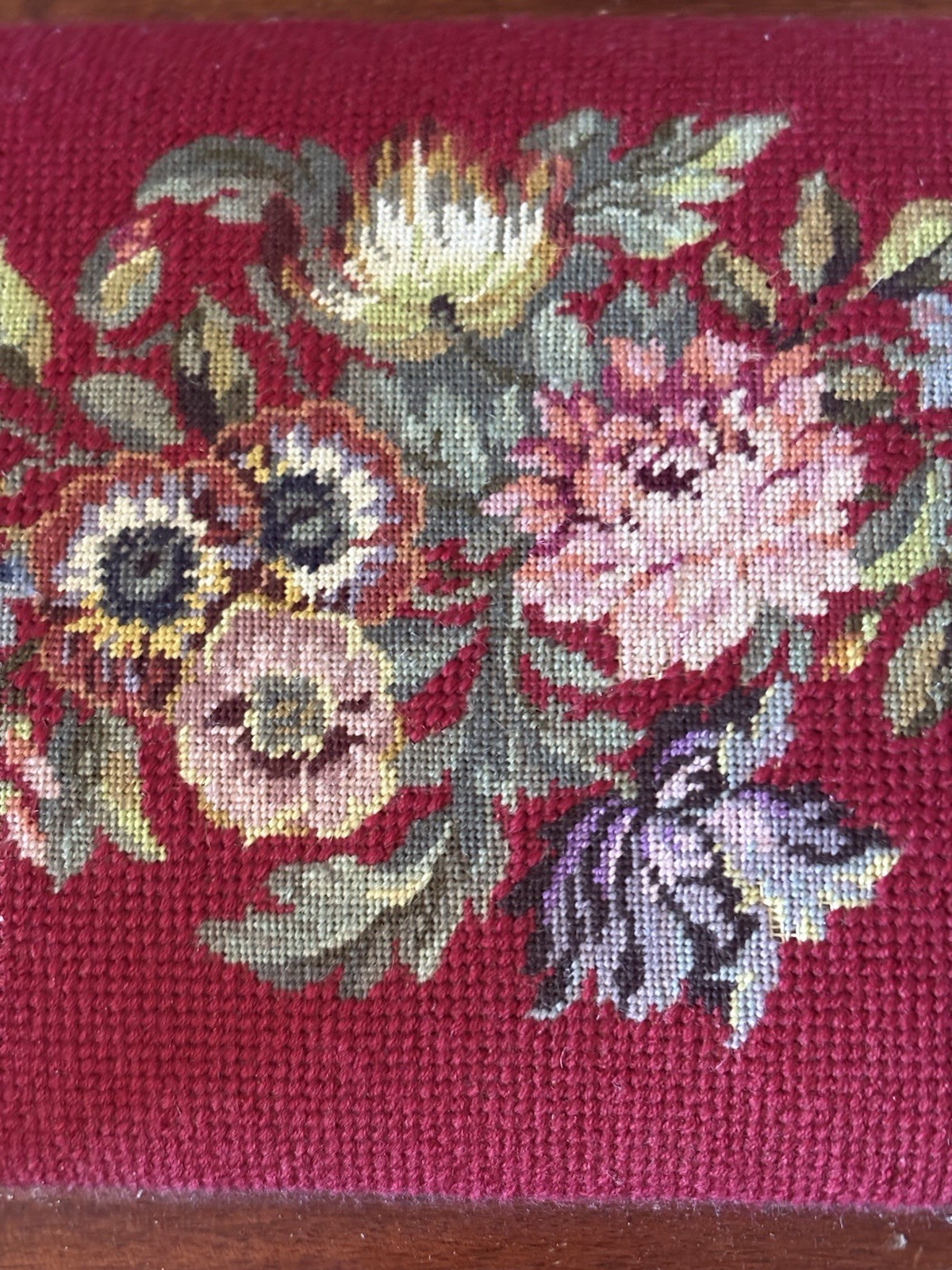 19thC Antique Victorian Footstool Bench Floral Needlepoint Petit Point