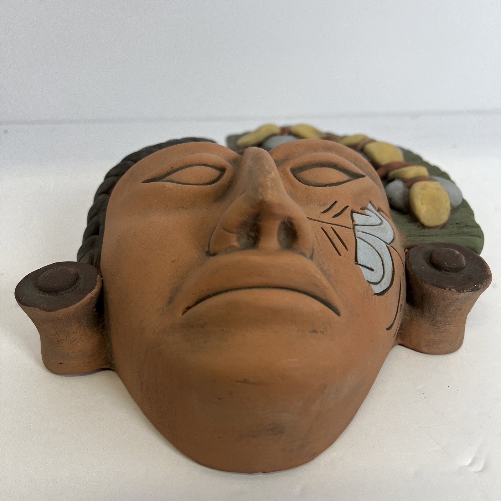 Folk Art Maya Mayan Terracotta Clay Handmade 11” Tribal Warrior Face Mask