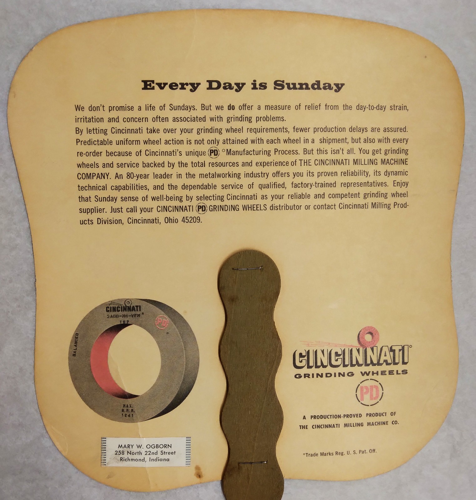 Cincinnati Grinding Wheels c1975 Hand Held Ad Fan Used