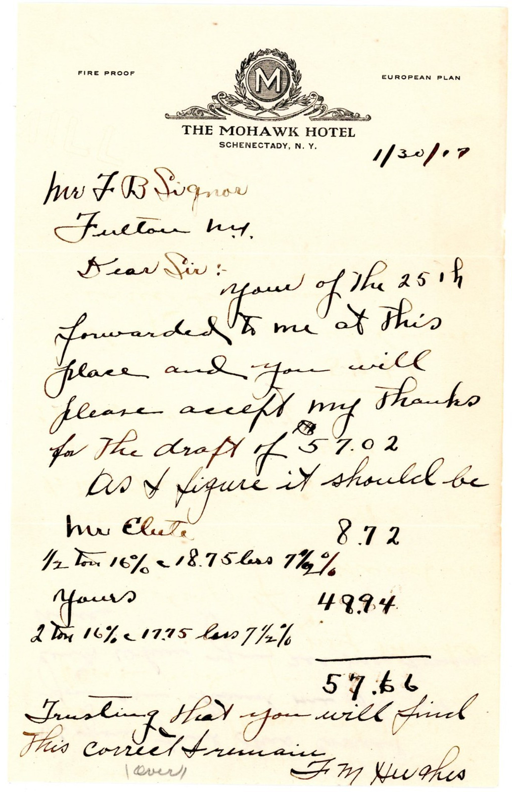 1917  The Mohawk Motel Schenectady New York Letter and envelope