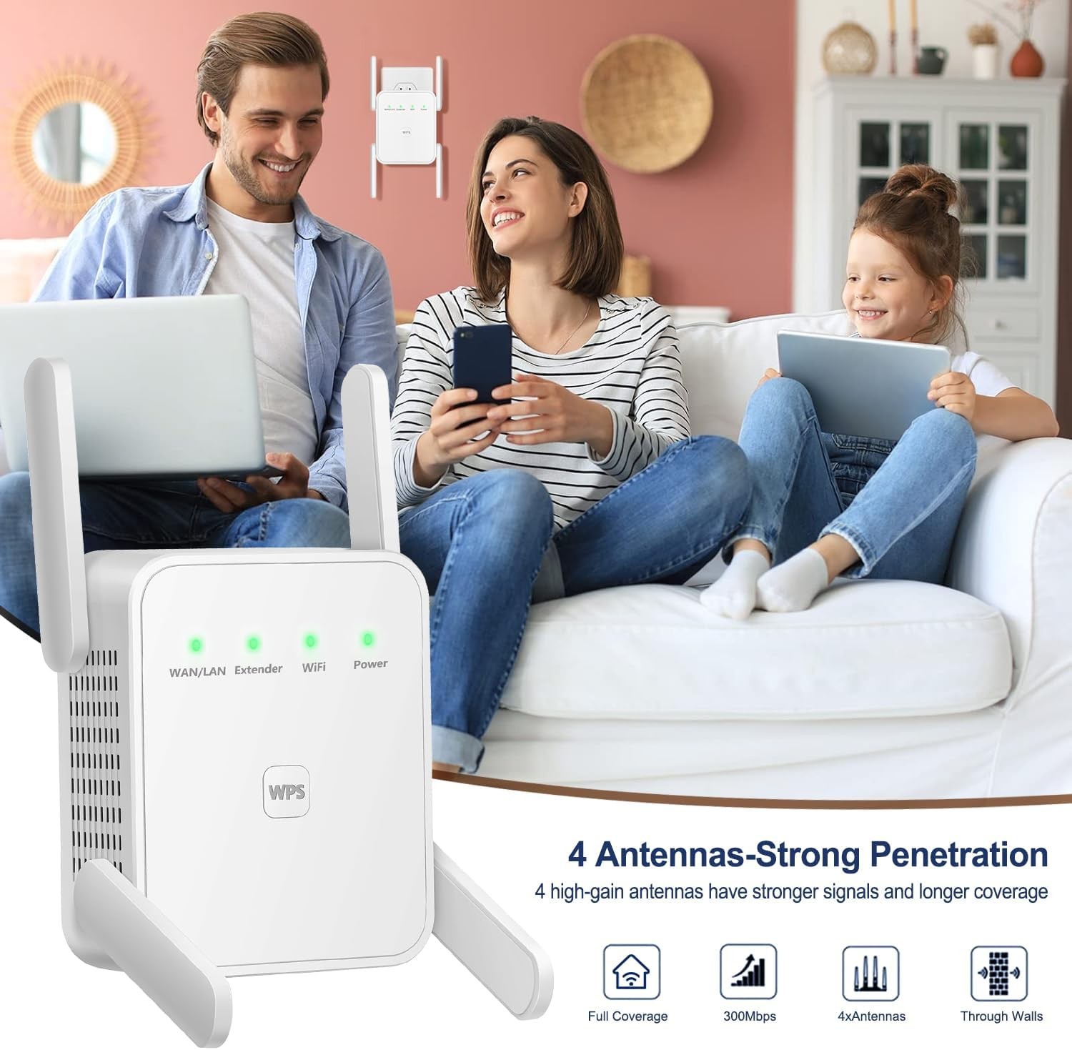 4-Antennas 300M WiFi Extender Repeater Amplifier 2.4GHz Enhancer Booster White