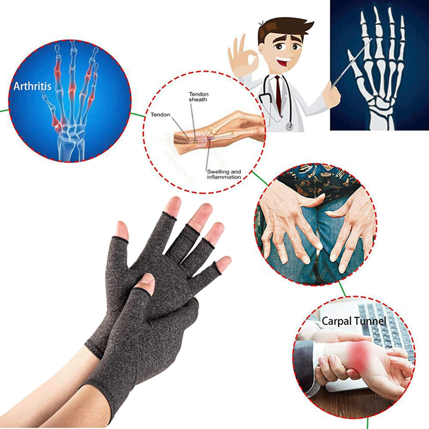 Arthritis Medical Gloves Compression Copper Pain Relief Hand Wrist Support Brace