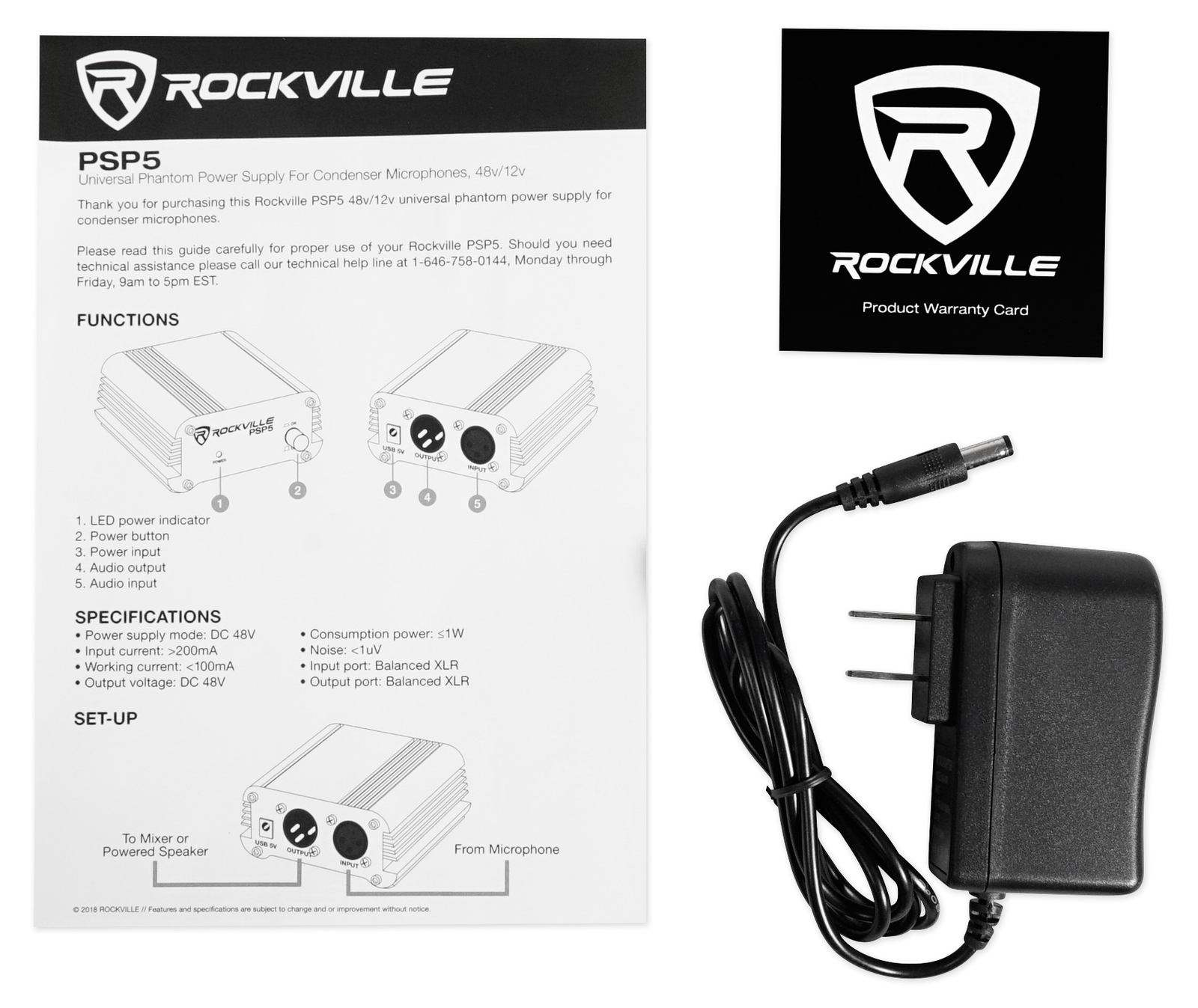Rockville PSP5 Universal 48V Phantom Power Supply Box For Condenser Microphones