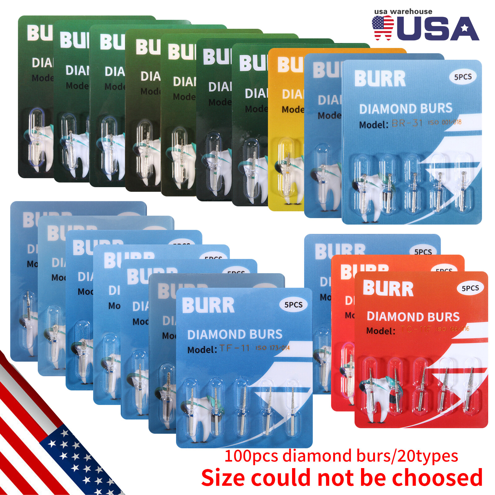 100 fresas diamante para turbina Diamond Burs dental High speed handpiece 1.6mm