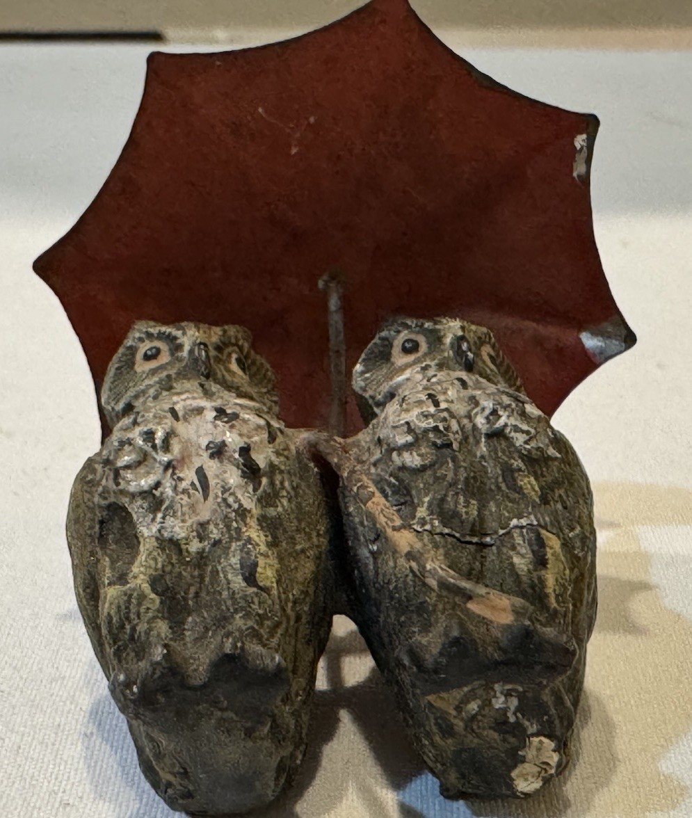 Antique Austrian Bronze Pair of Owls with Red Umbrella- Hand Painted 2in