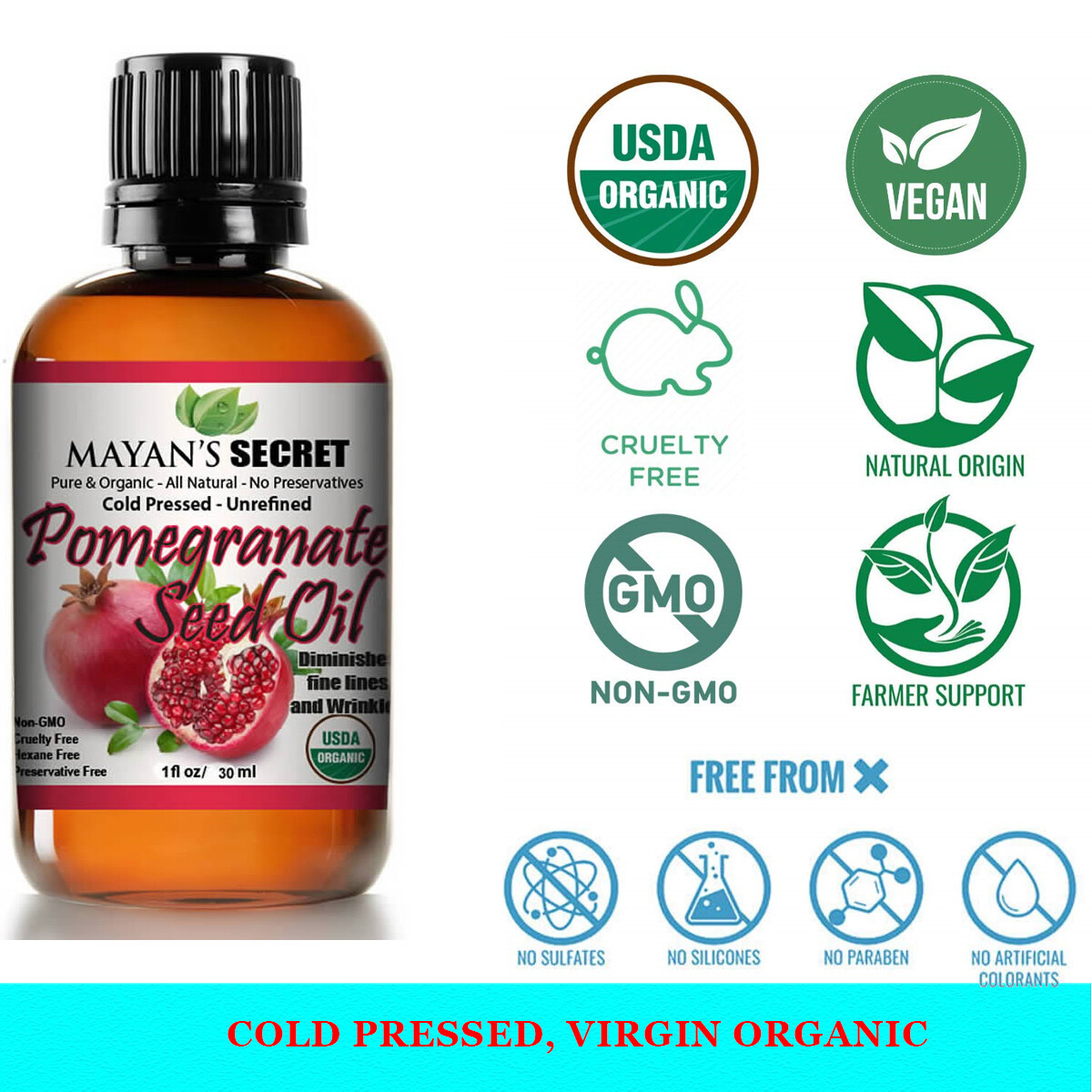 USDA CERTIFIED ORGANIC UNREFINED VIRGIN POMEGRANATE SEED OIL COLD PRESSED 1oz