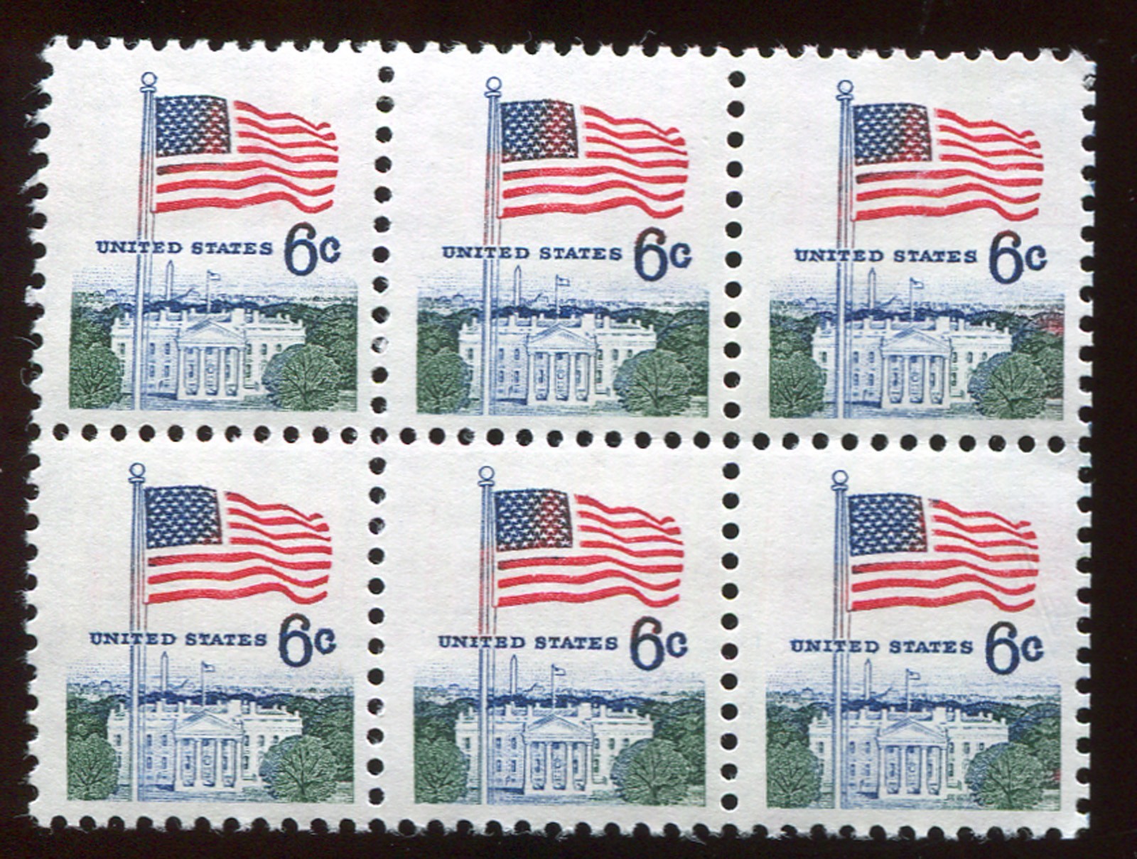 US STAMPS  SC1338 6c FLAG AND WHITE HOUSE RED STREAK IN BLUE  (947) MNH   B6