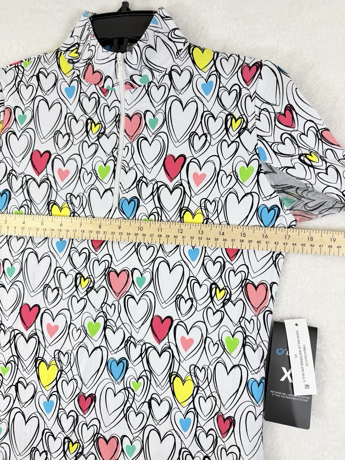 IBKUL Womens Long Sleeve Top XS 1/4 Zip Mock Neck Millie Hearts White Pink Golf