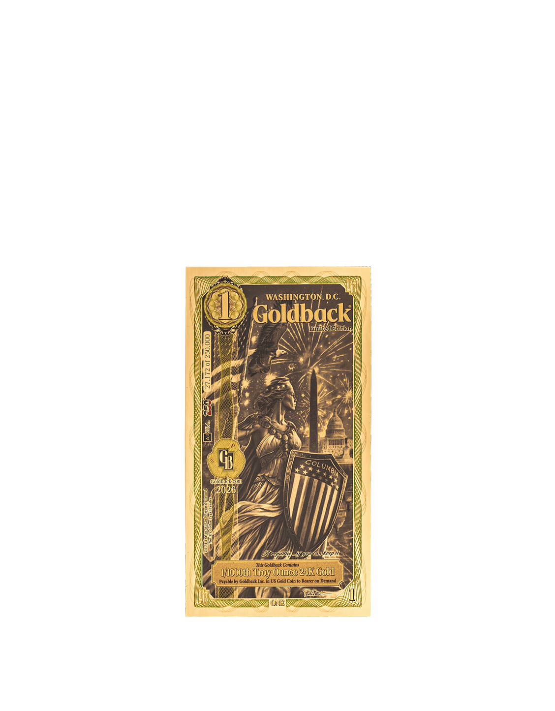 Washington D.C. 1 Goldback - Aurum Gold Foil Note (24k)