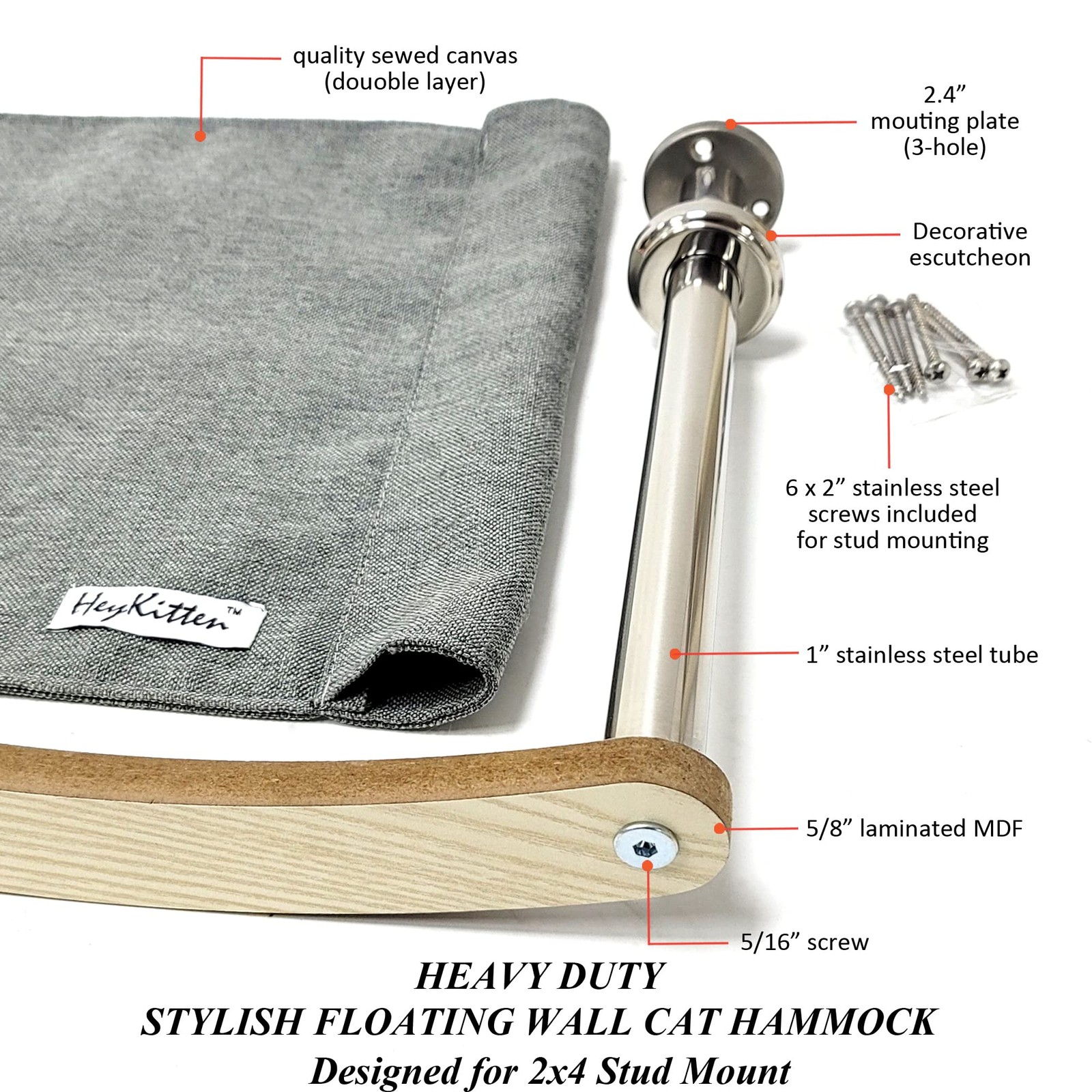 HeyKitten 17" Cat Wall Hammock for 2x4 Stud Mount Stylish Floating Kitten She...