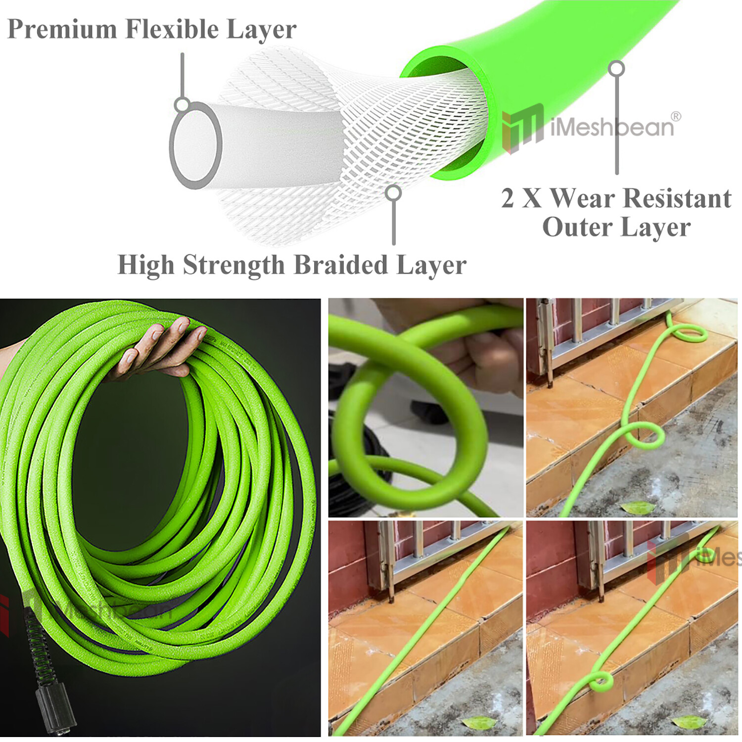 Kink Resistant Pressure Washer Hose 1/4"x25/50' 3600 PSI M22-14&15mm, or 3/8" QC