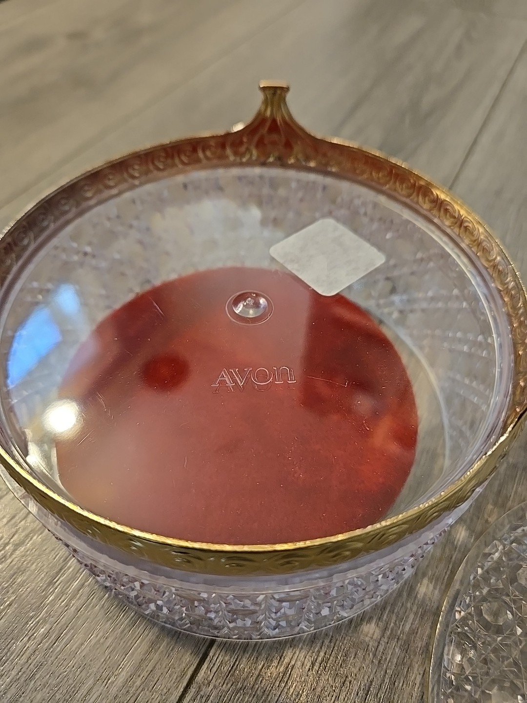 Vintage Avon Powder Box Hollywood Regency Cut Crystal Plastic w Red Puff Vanity